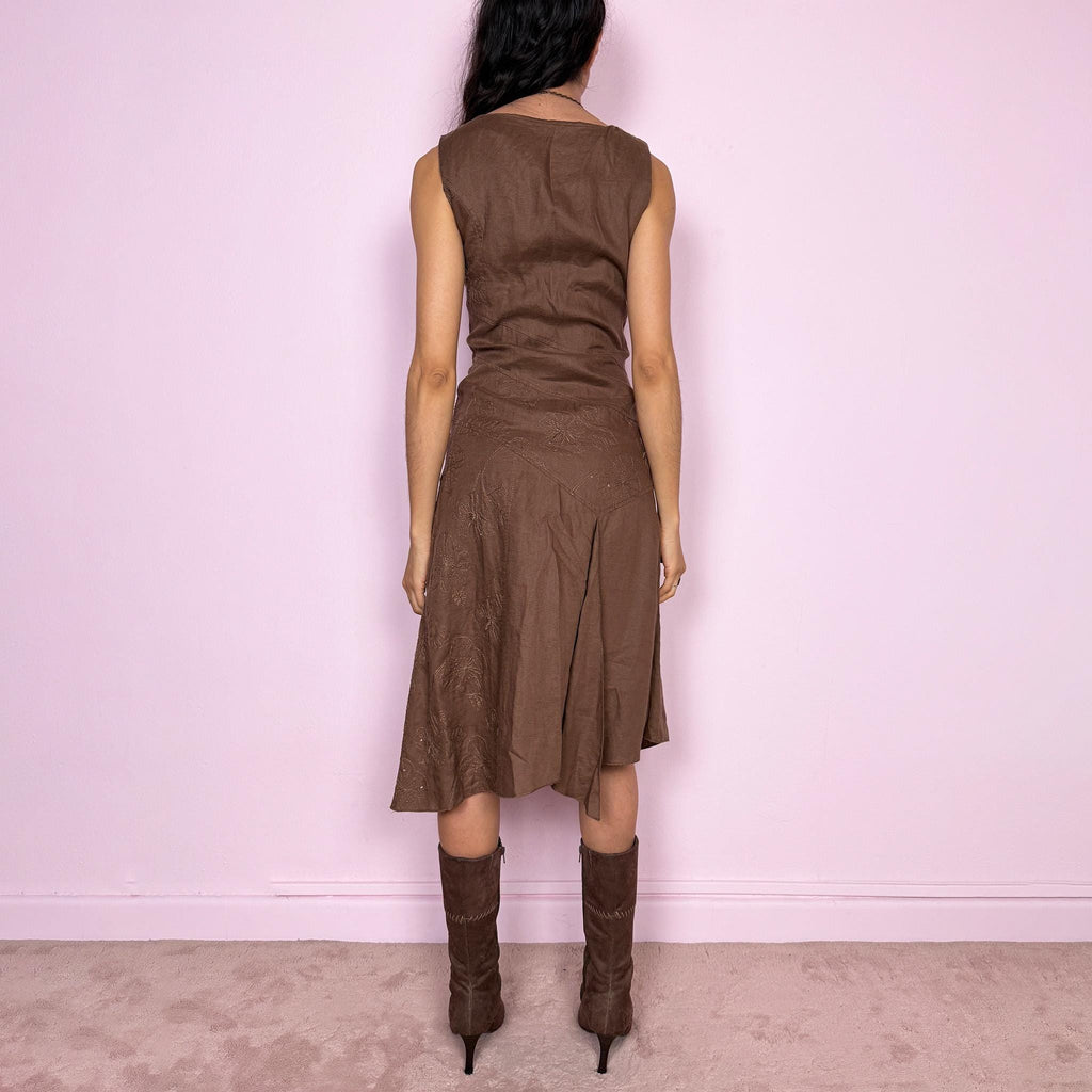 Vintage Y2K Brown Dress Deconstructed Layered Midi Fairy Avant Garde 2000s Size S