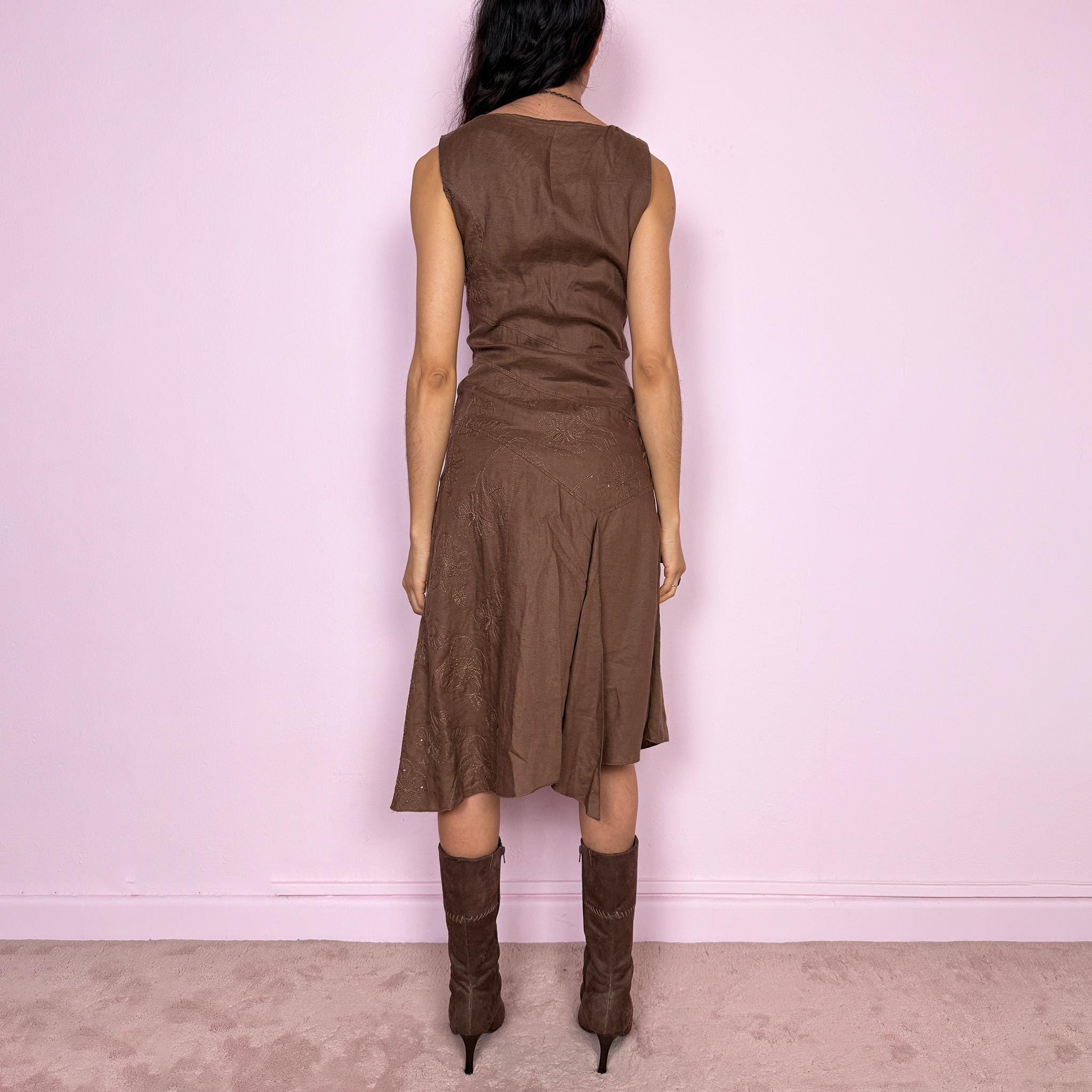 Vintage Y2K Brown Dress Deconstructed Layered Midi Fairy Avant Garde 2000s Size S