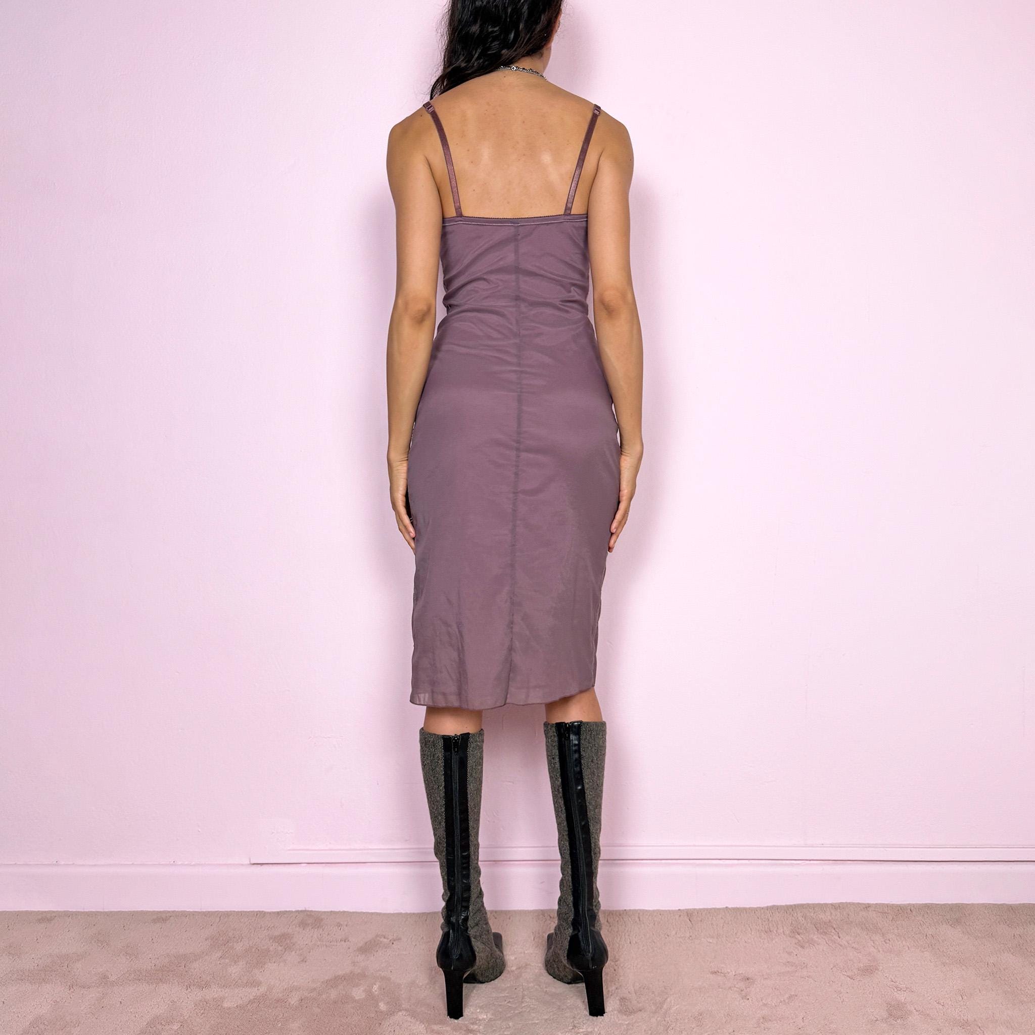 Vintage Y2K Purple Dress Midi Mesh Overlay Fitted Party Night Cyber 2000s Size XS