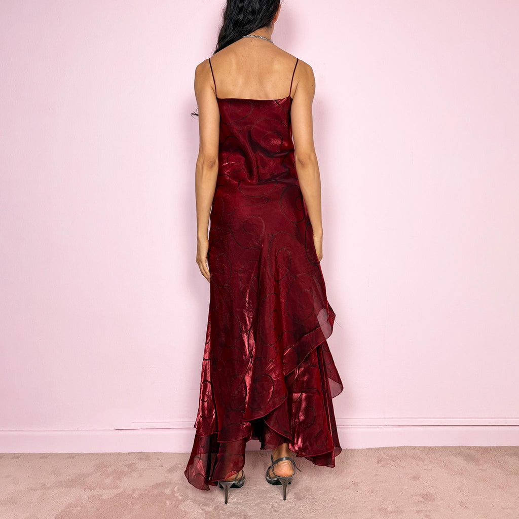 Vintage Y2K Burgundy Dress Iridescent Layered Midi Formal Party 2000s Size S