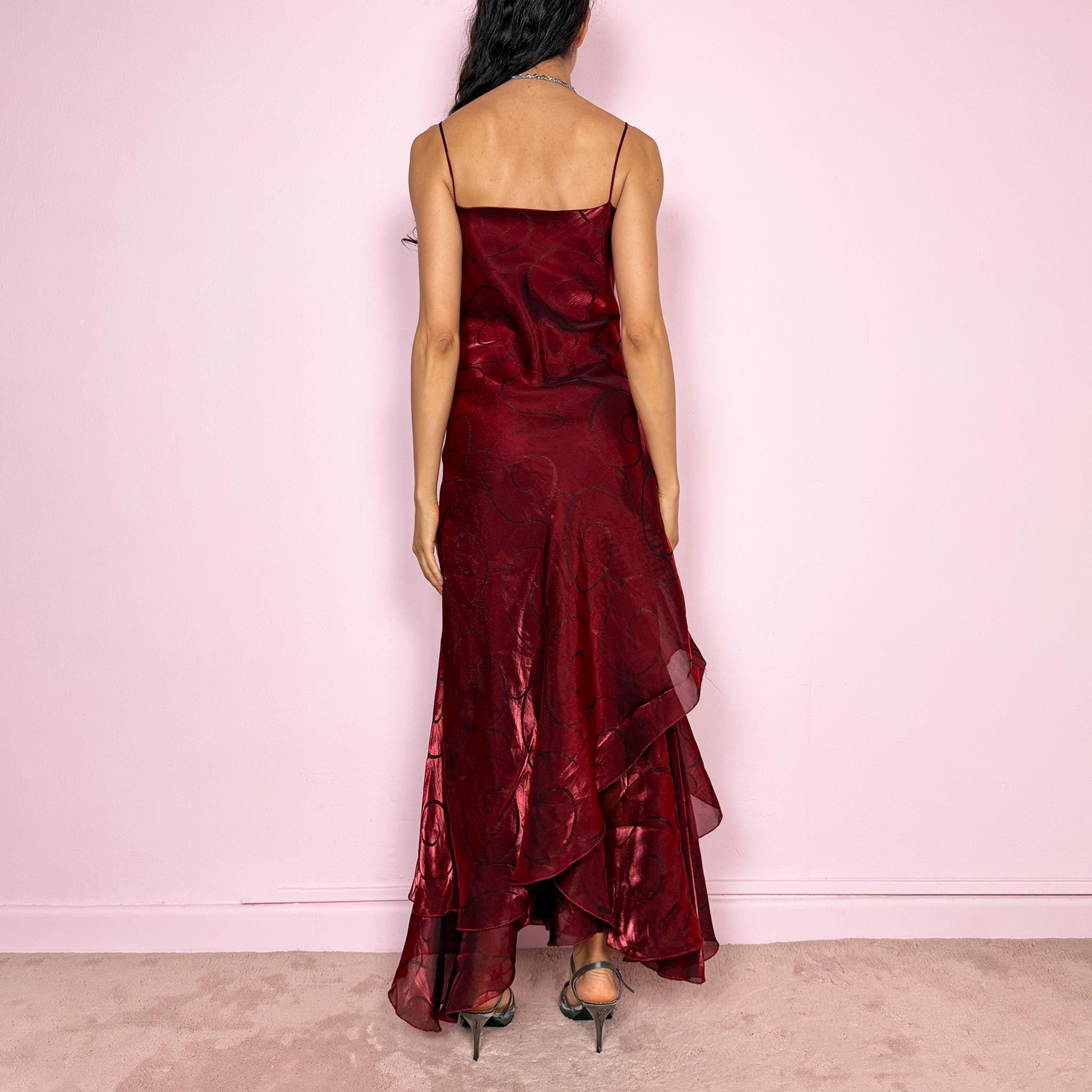 Vintage Y2K Burgundy Dress Iridescent Layered Midi Formal Party 2000s Size S