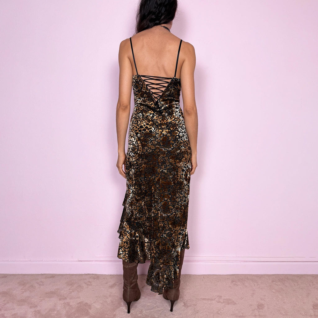 Vintage Y2K Brown Dress Velvet Burnout Fairy Slip Evening Party 2000s Size S