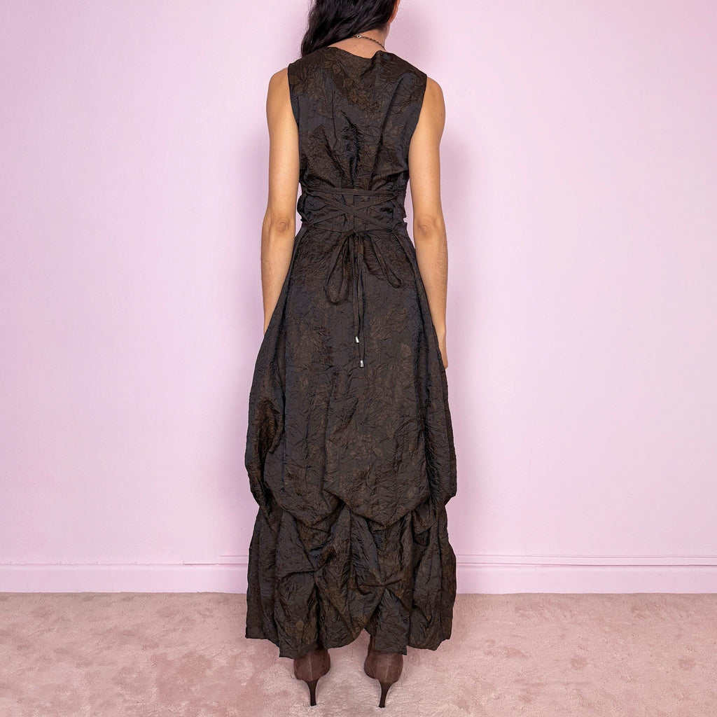 Vintage 90s Brown Dress Crinkle Bubble Hem Draped Maxi Avant Garde Y2K Size S