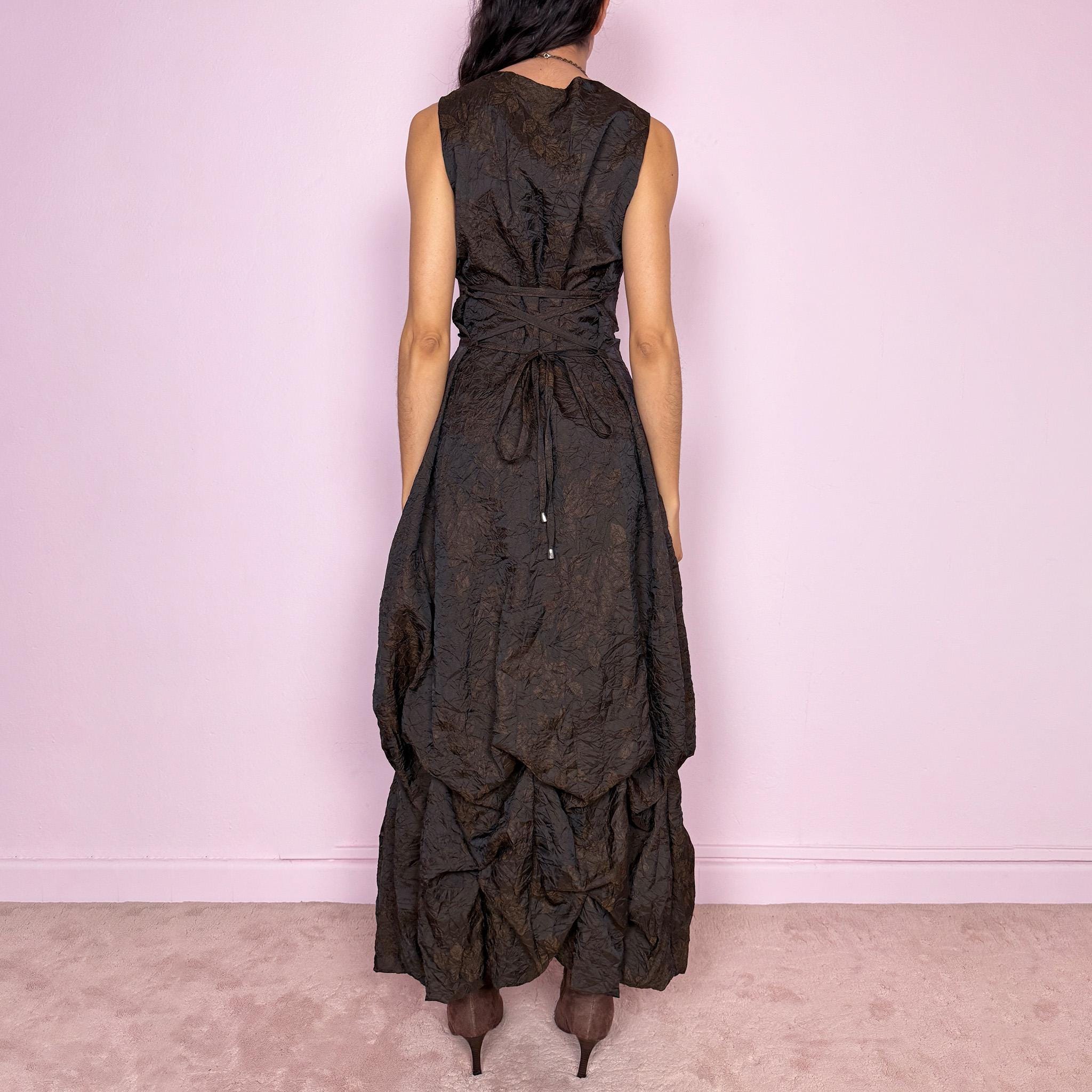 Vintage 90s Brown Dress Crinkle Bubble Hem Draped Maxi Avant Garde Y2K Size S