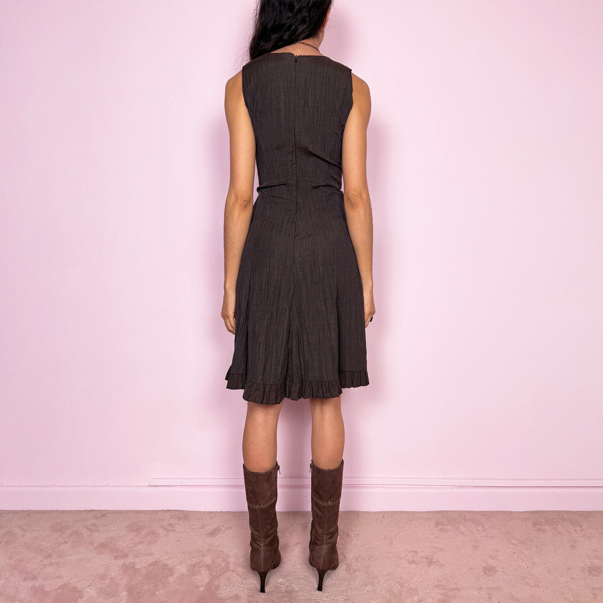 Vintage Y2K Brown Dress Crinkle Ruffle Hem Midi Fairy Avant Garde 2000s Size M