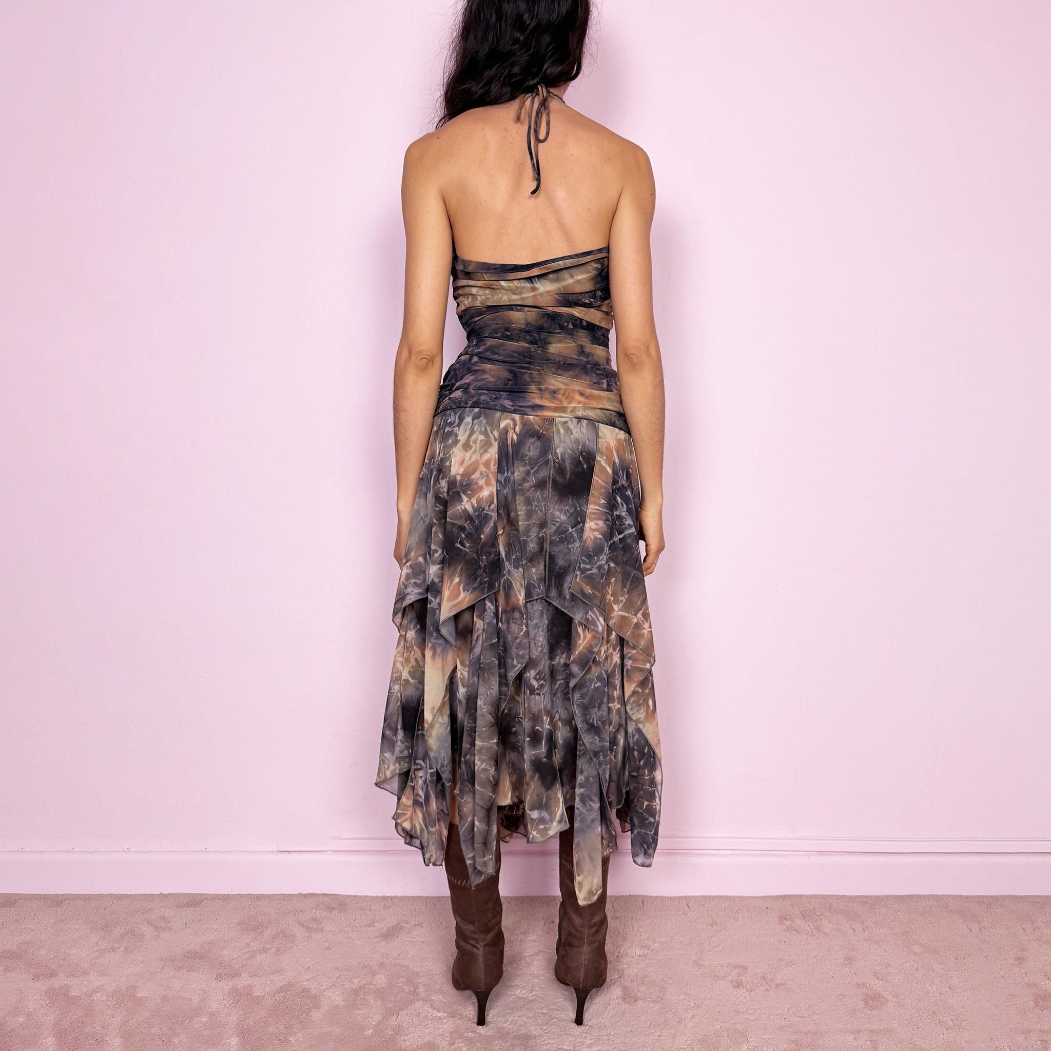 Vintage Y2K Halter Dress Tie Dye Ruched Asymmetric Midi Festival Fairy 2000s Size L