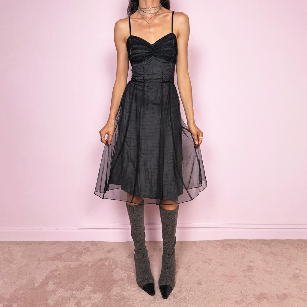 Vintage 2000s dark romantic gray polka dot midi dress with adjustable straps and no stretch. Features a ruched sweetheart bust, back zip closure and black semi sheer mesh tulle overlay for dreamy movement. Elegant body-skimming silhouette perfect for parties, evening dates or night styling. Made from polyester and viscose. Great vintage condition.