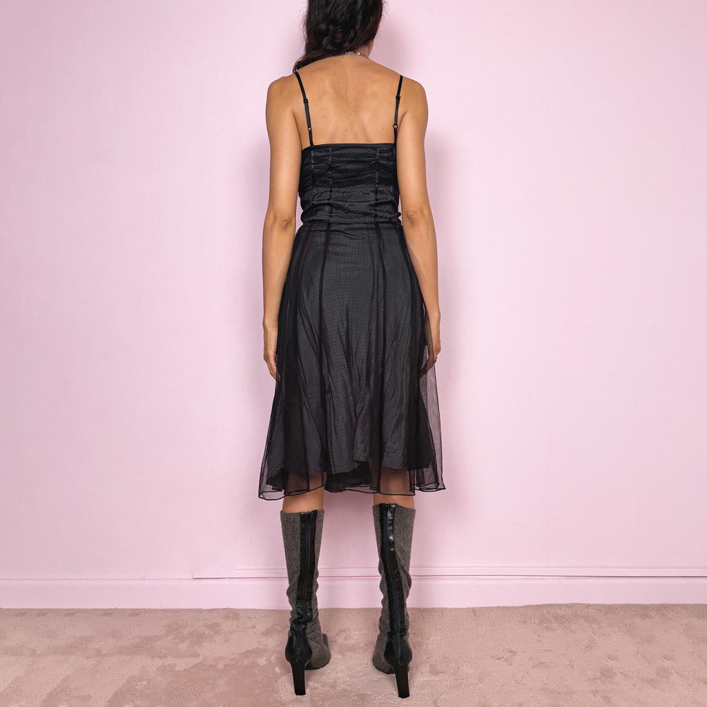 Vintage Y2K Black Dress Polka Dot Mesh Overlay Ruched Midi Party 2000s Size M