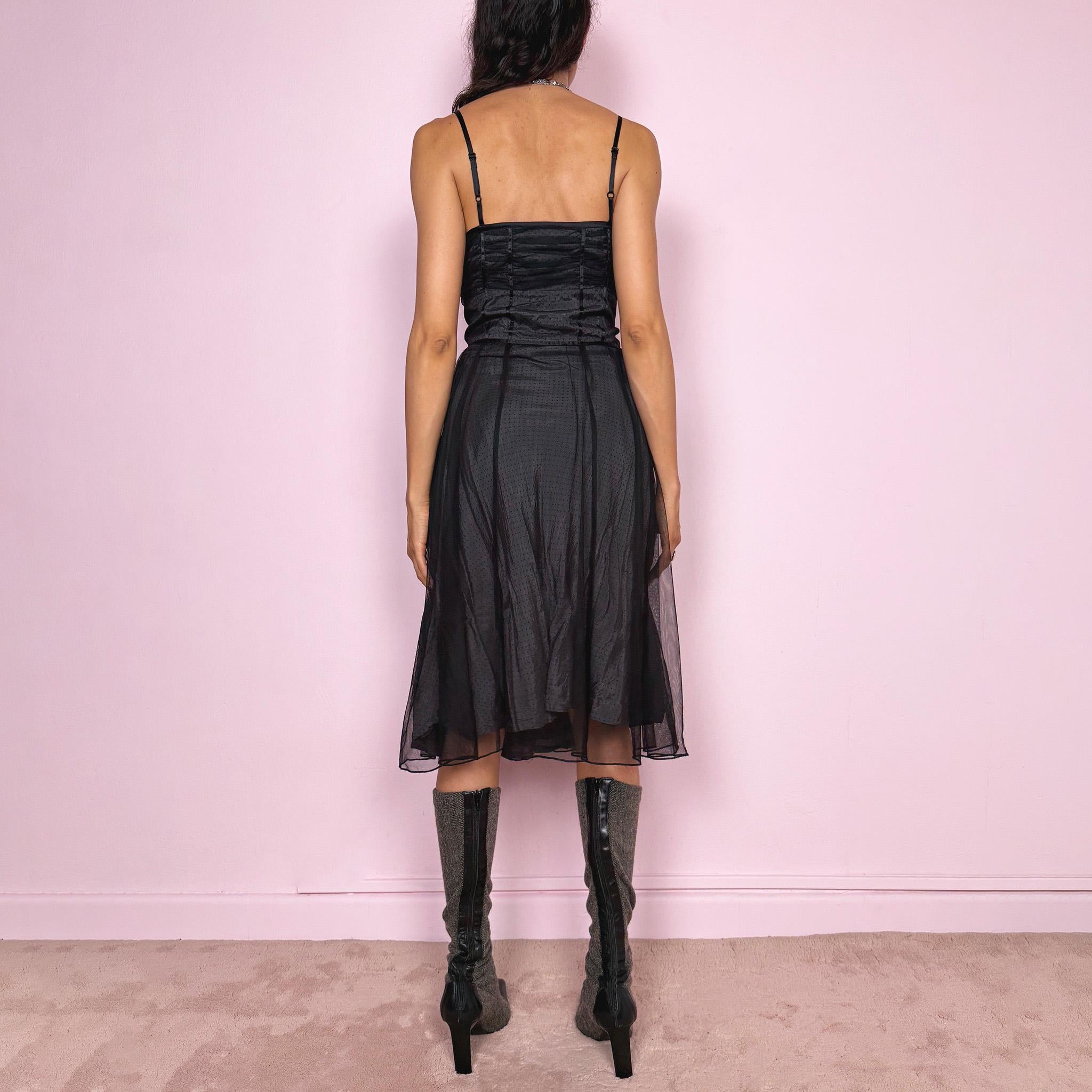 Vintage Y2K Black Dress Polka Dot Mesh Overlay Ruched Midi Party 2000s Size M