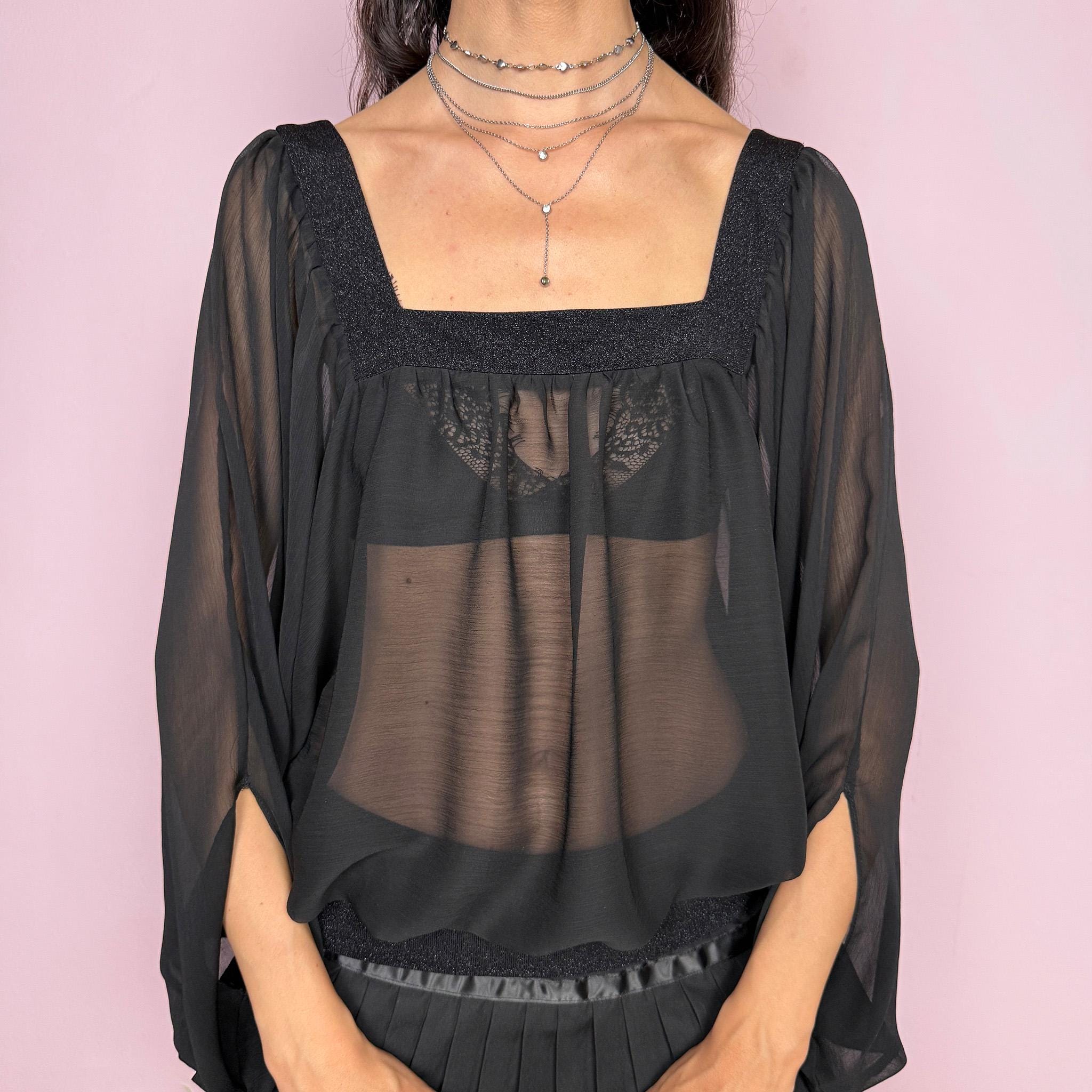 Vintage Y2K Black Top Sheer Chiffon Batwing Avant Garde Party 2000s Size M
