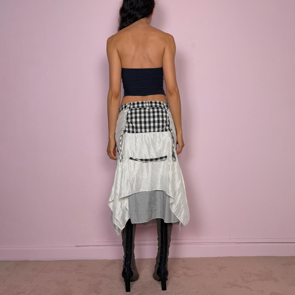 Vintage Y2K White Skirt Midi Plaid Asymmetric Avant Garde 2000s Size M