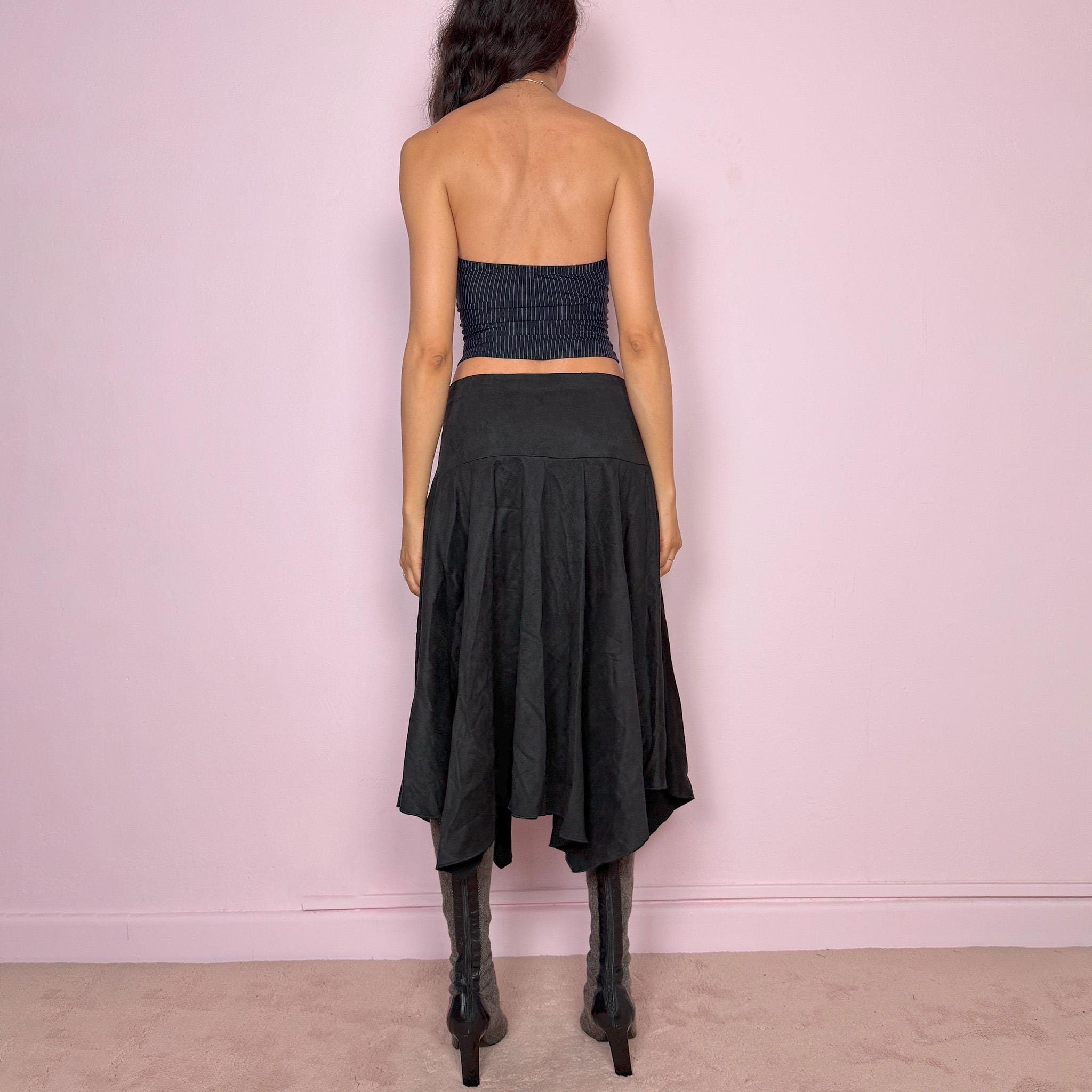 Vintage Y2K Black Skirt Midi Asymmetric Faux Suede Avant Garde 2000s Size S