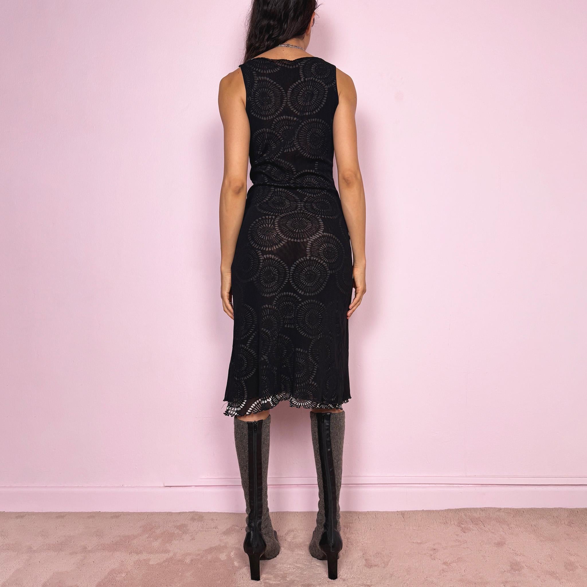 Vintage Y2K Black Dress Midi Mesh Graphic Avant Garde Dark 2000s Size S