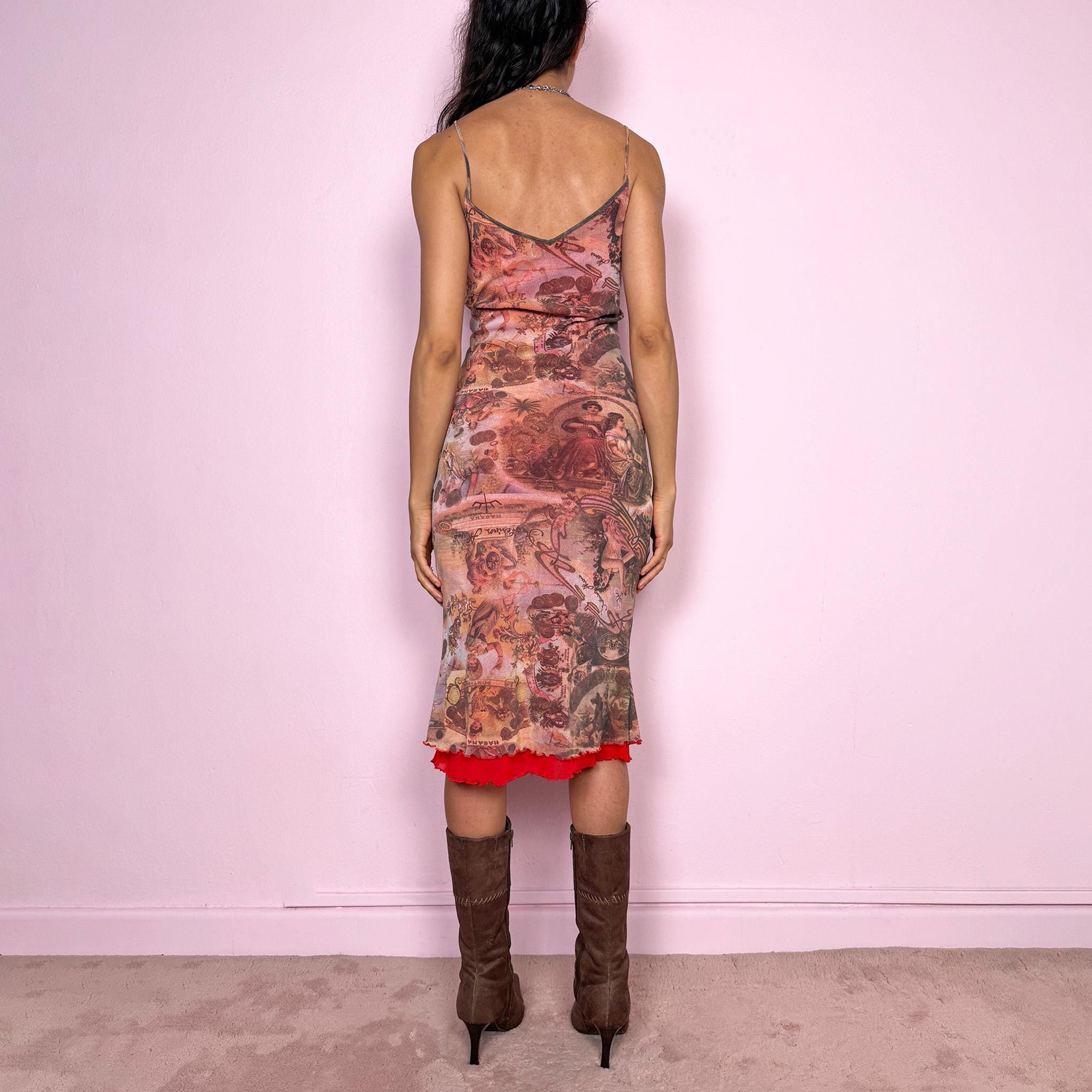 Vintage Y2K Mesh Dress Collage Print Francis Montesinos Midi 2000s Size S