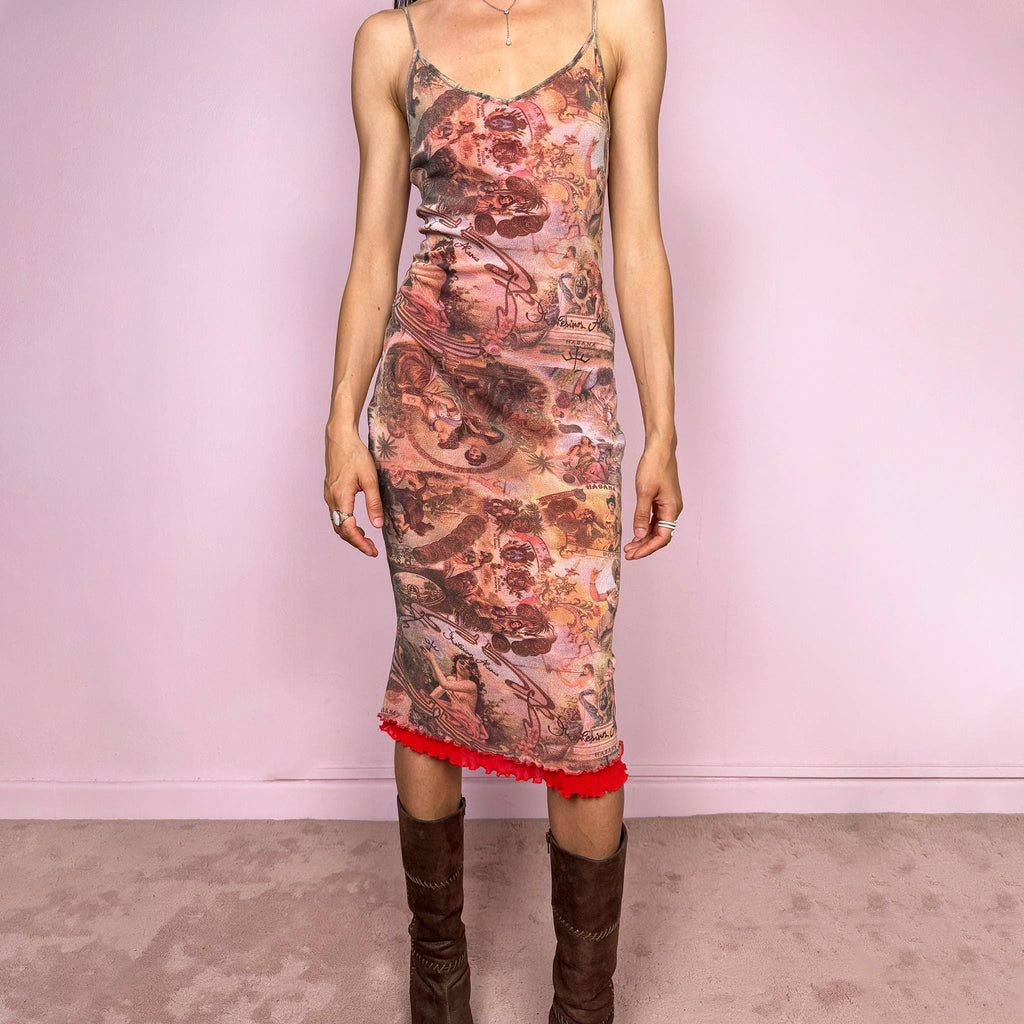 Vintage 2000s avant garde mesh midi dress from Spanish designer Francis Montesinos in his Montesinos Alama era. Body-skimming stretch silhouette with surreal collage print, delicate straps and red mesh underlayer with lettuce hem detail. Rare Spanish design archive statement piece with bold artistic energy. Excellent vintage condition.
