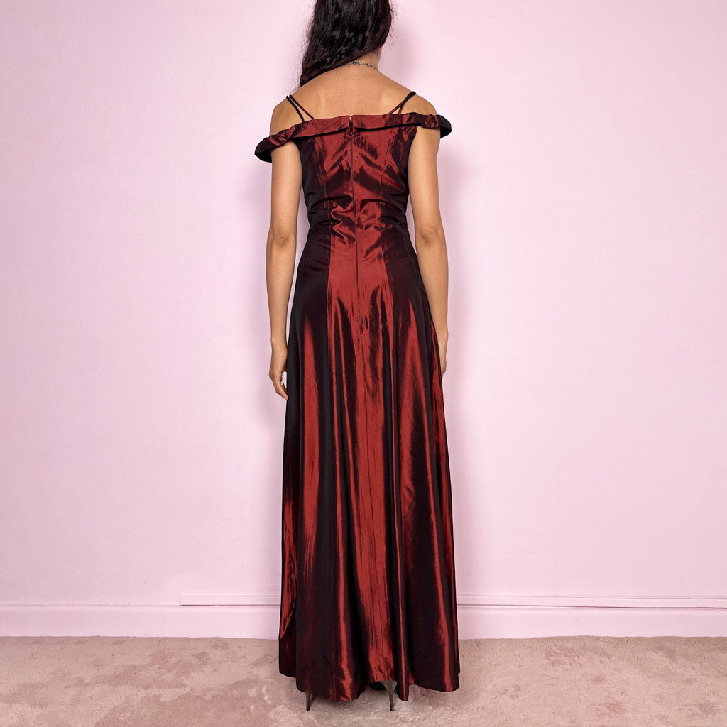 Vintage 90s Burgundy Dress Evening Gown Off Shoulder Maxi Formal Party Y2K Size S