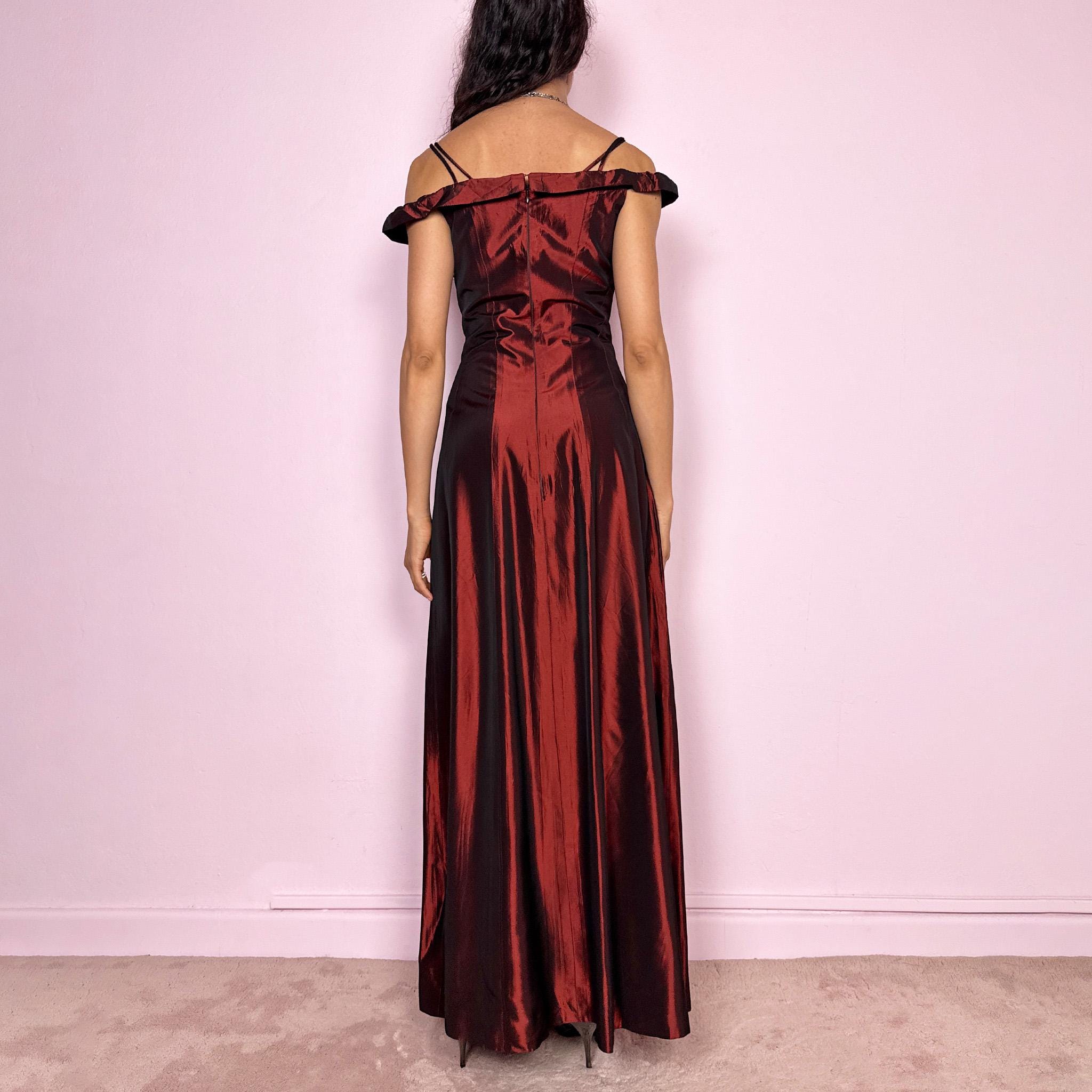 Vintage 90s Burgundy Dress Evening Gown Off Shoulder Maxi Formal Party Y2K Size S