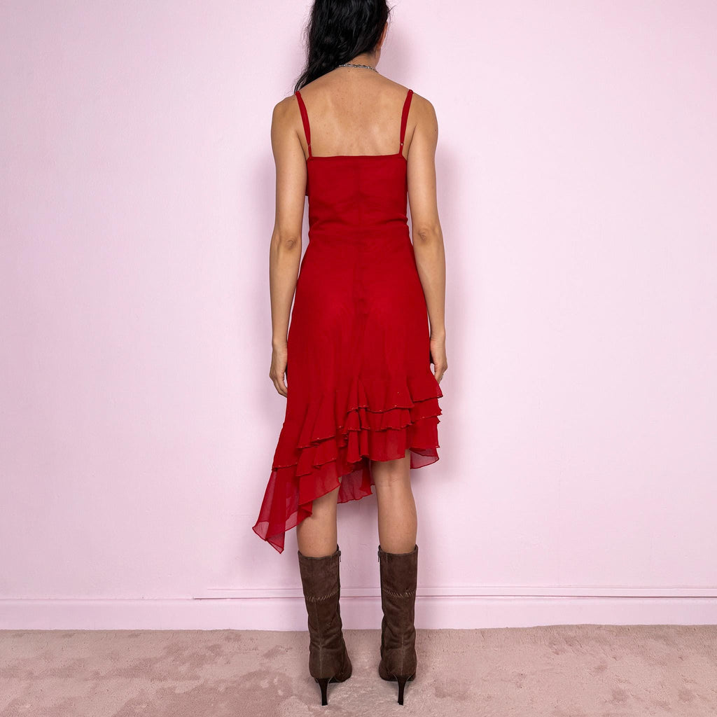 Vintage Y2K Red Dress Ruffle Asymmetrical Midi Party Coquette 2000s Size M