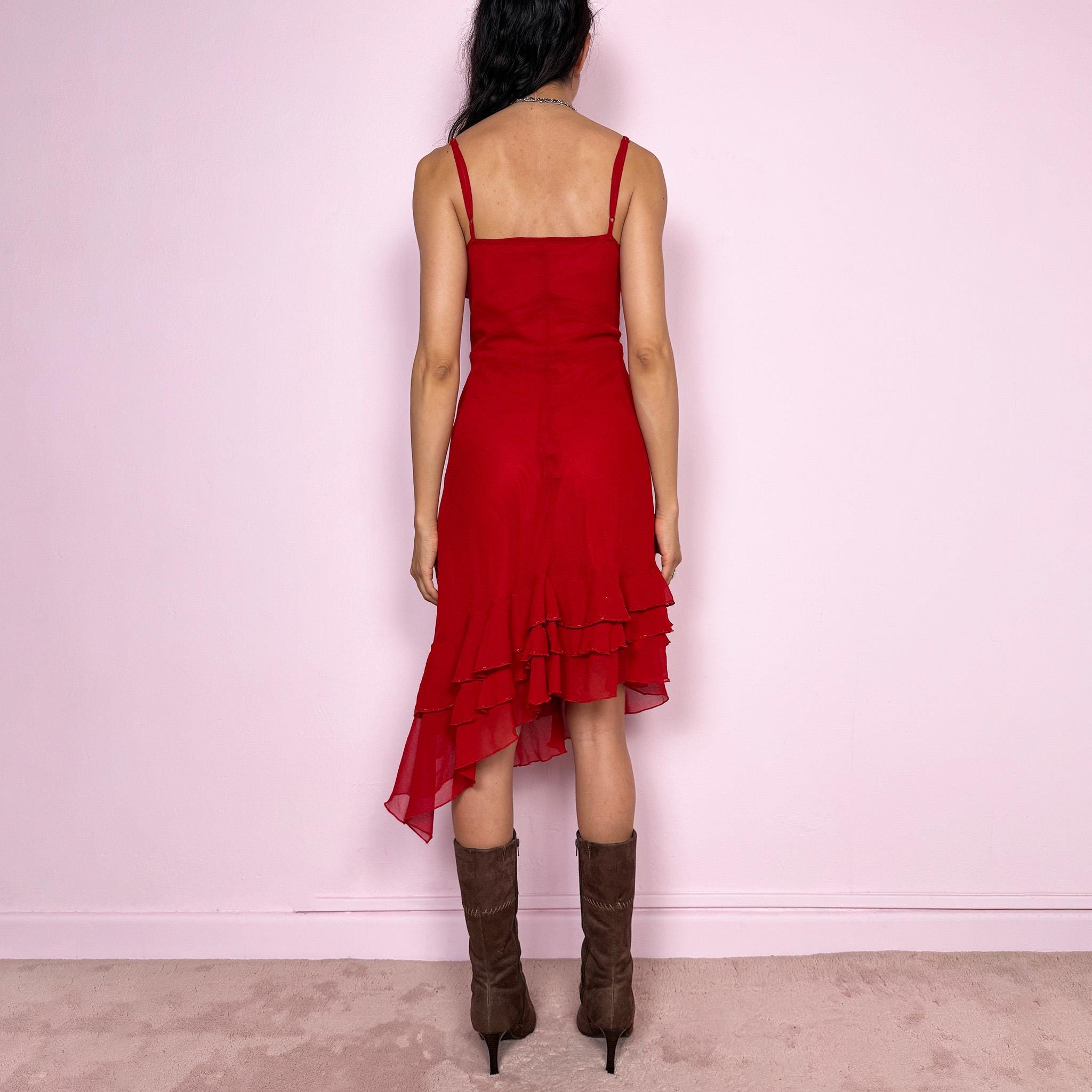 Vintage Y2K Red Dress Ruffle Asymmetrical Midi Party Coquette 2000s Size M