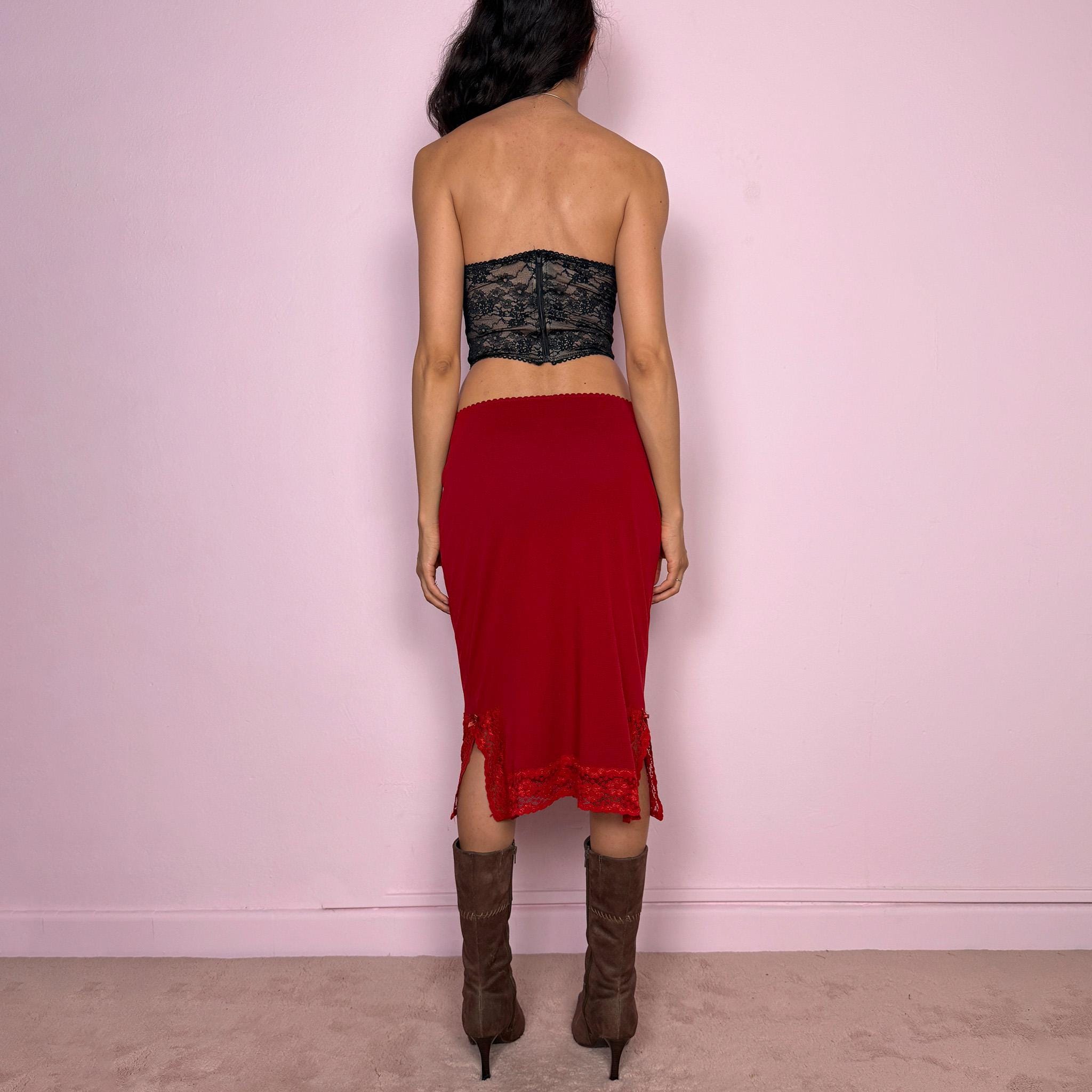 Vintage Y2K Red Skirt Midi Mesh Lace Coquette Low Rise 2000s Size S