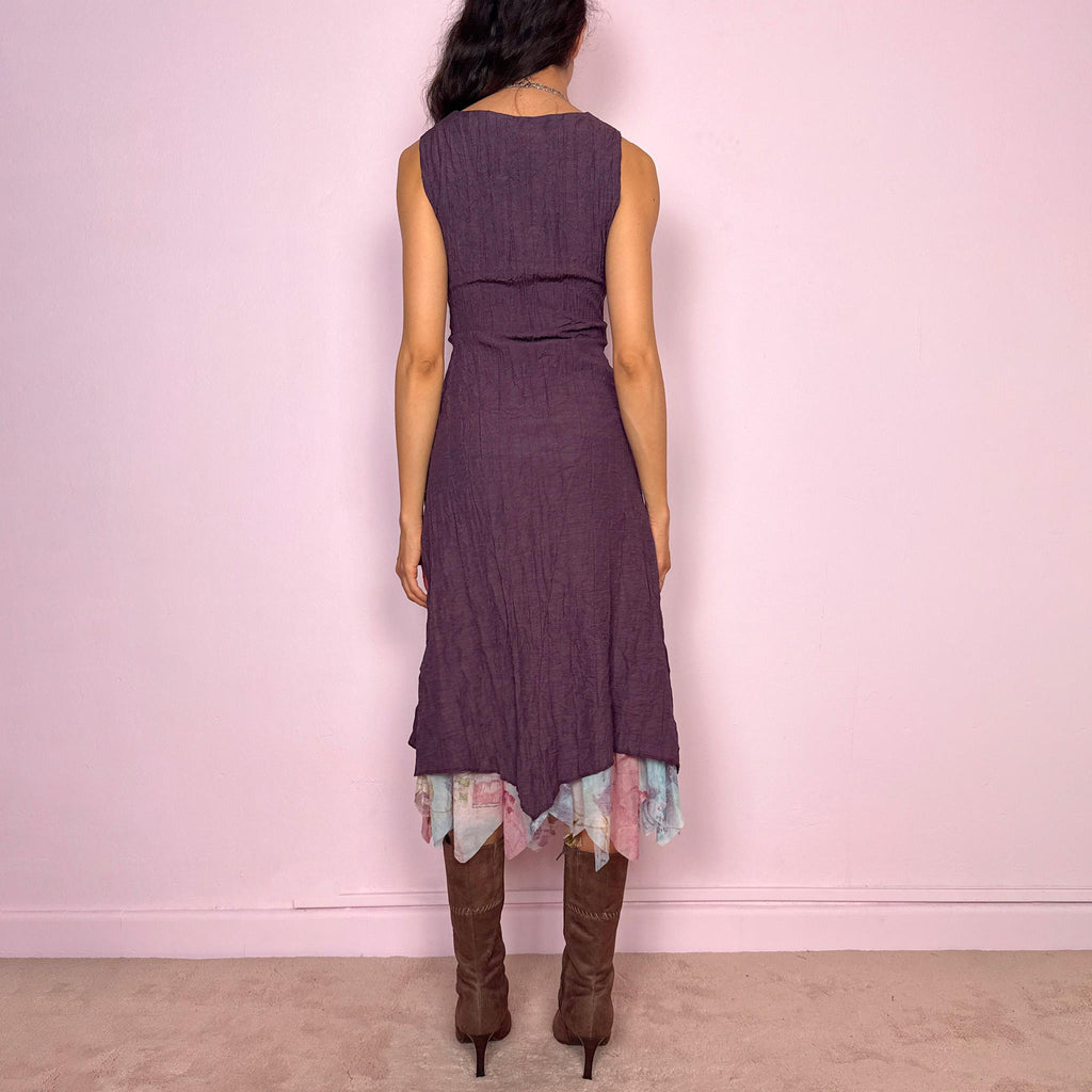 Vintage Y2K Purple Dress Midi Crinkle Mesh Avant Garde Fairy 2000s Size M