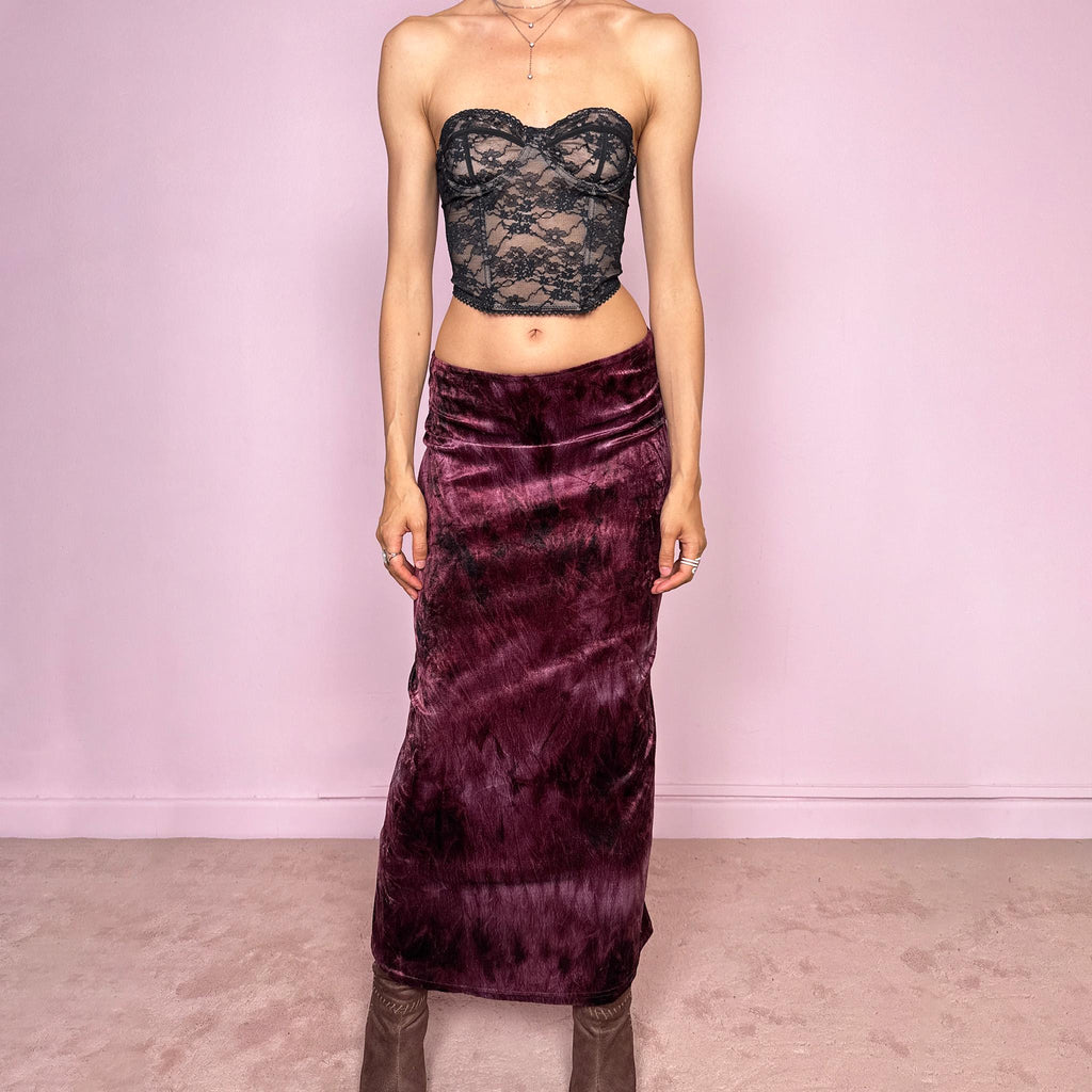 Whimsical boho fairy vintage 90s A-line midi skirt in a purple-plum shade, featuring tie-dye crushed velvet, a stretchy elastic waist, and a flowy fit. A maximalist, bold statement piece. Can be worn mid-rise for size S or lower on the hips for sizes XS and S. Great vintage condition.