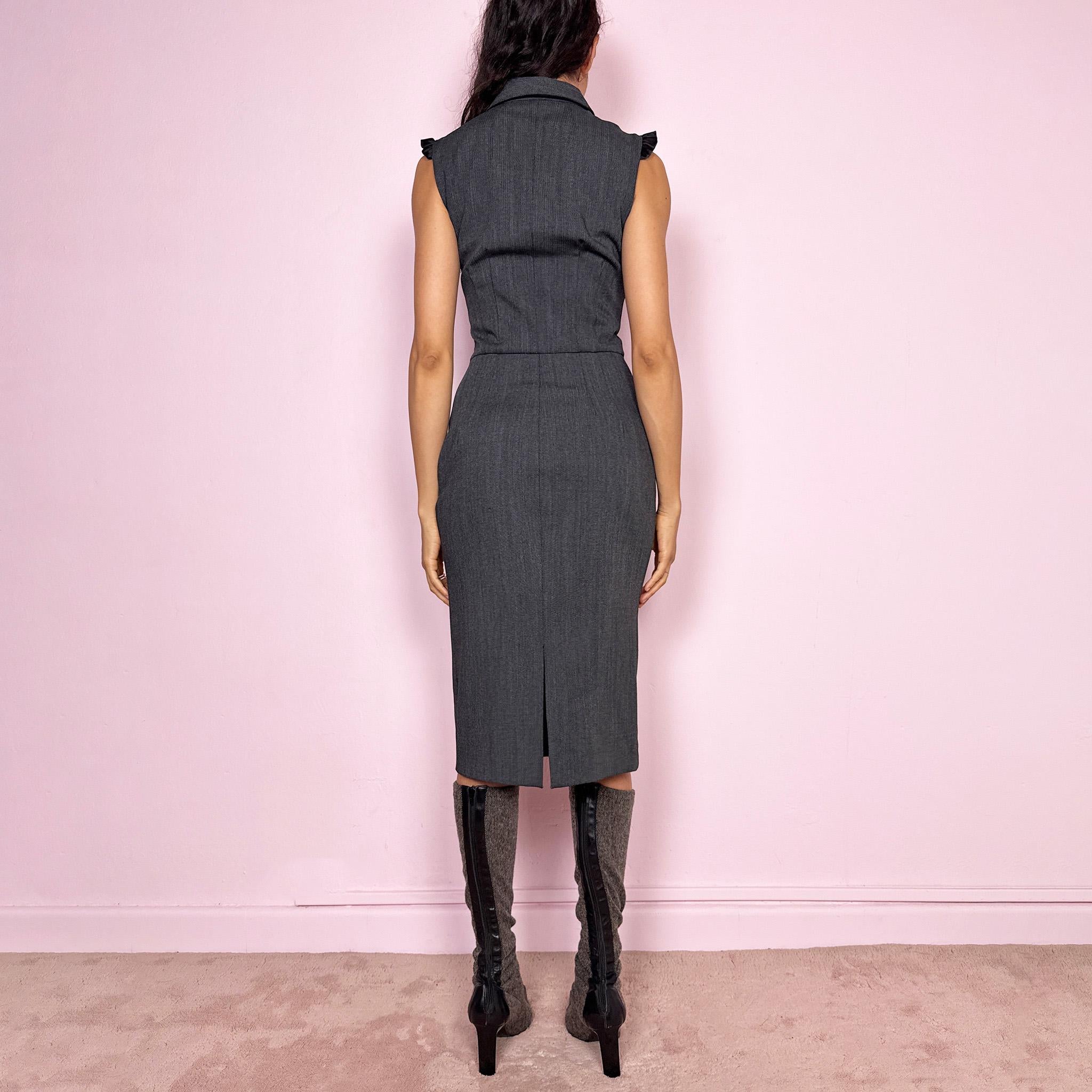 Vintage Y2K Gray Dress Dolce Gabbana D&G Pencil Midi Preppy Dark 2000s Size S
