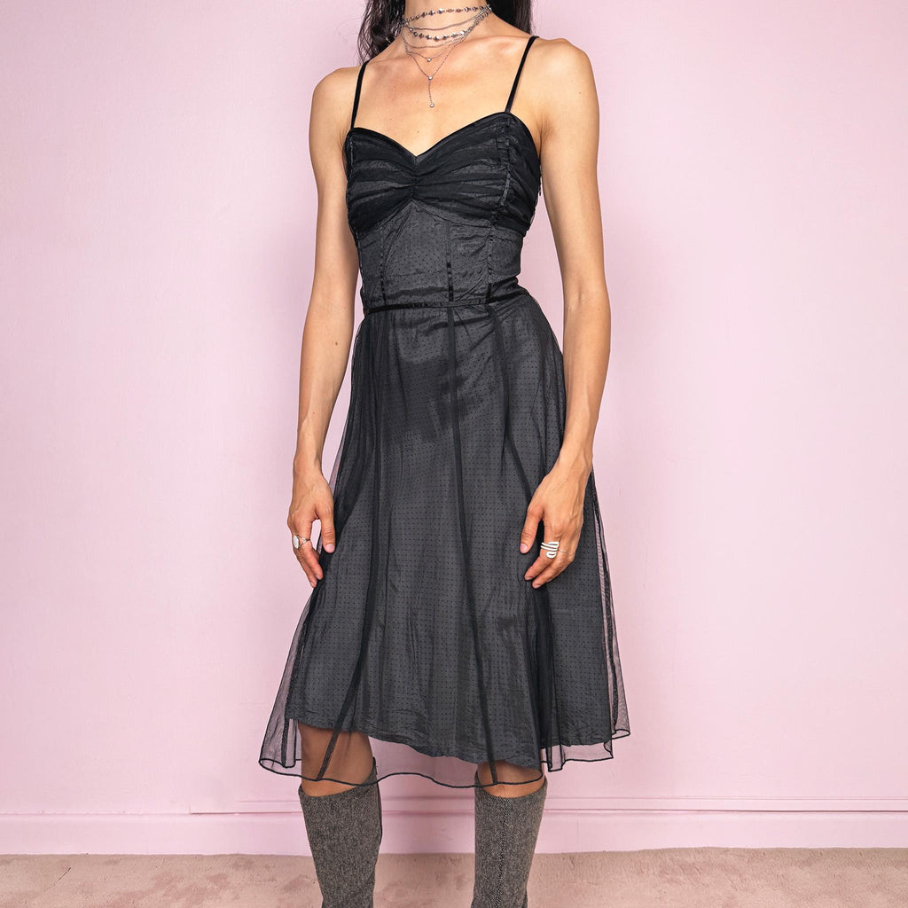 Vintage 2000s dark romantic gray polka dot midi dress with adjustable straps and no stretch. Features a ruched sweetheart bust, back zip closure and black semi sheer mesh tulle overlay for dreamy movement. Elegant body-skimming silhouette perfect for parties, evening dates or night styling. Made from polyester and viscose. Great vintage condition.