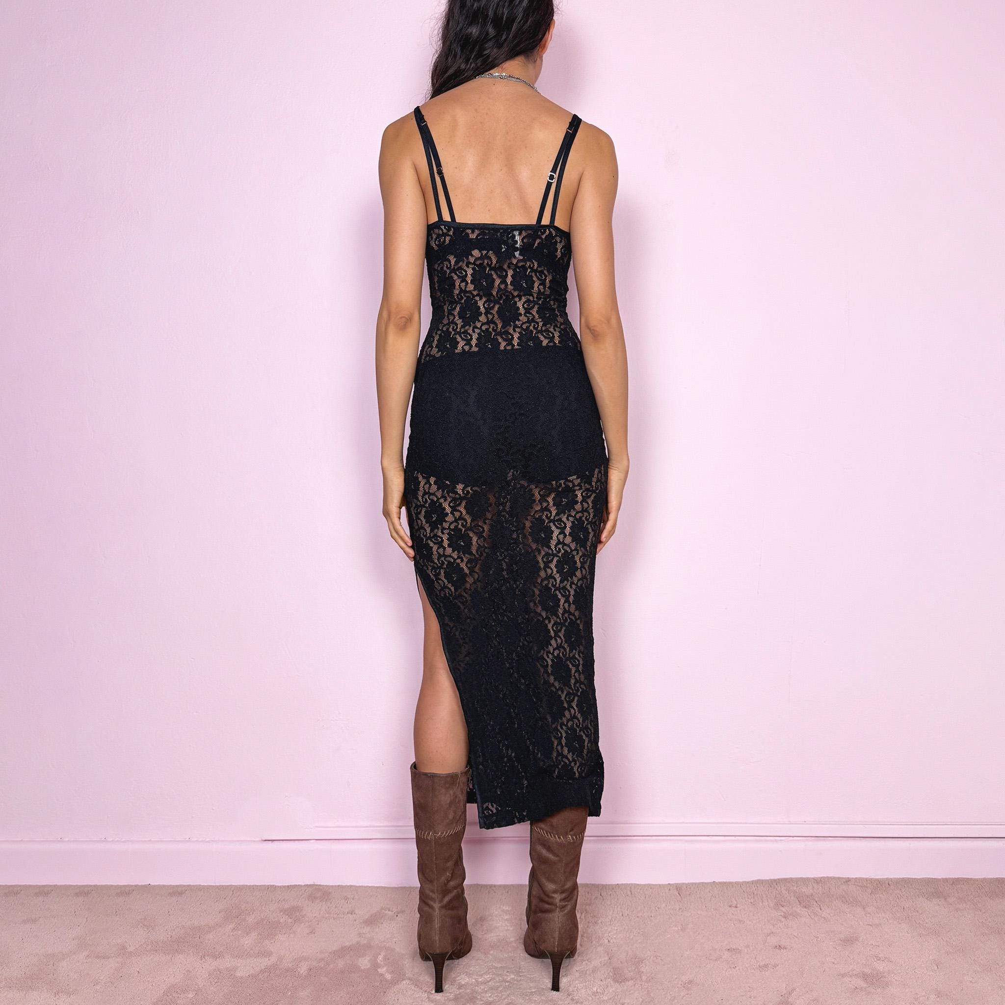 Vintage 90s Black Lace Dress Sheer Side Slit Maxi Lingerie Party Y2K Size XS