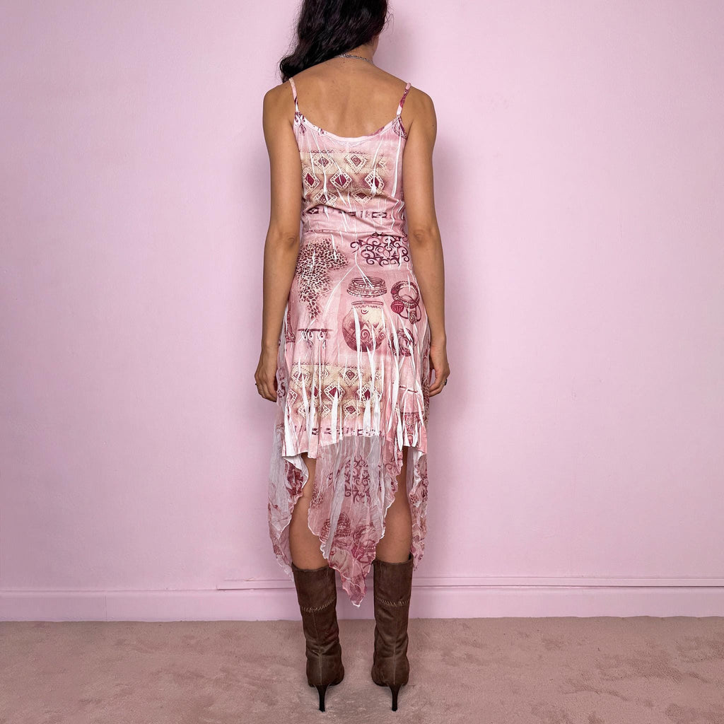 Vintage Y2K Pink Dress Asymmetric Midi Fairy Deconstructed Avant Garde 2000s Size S