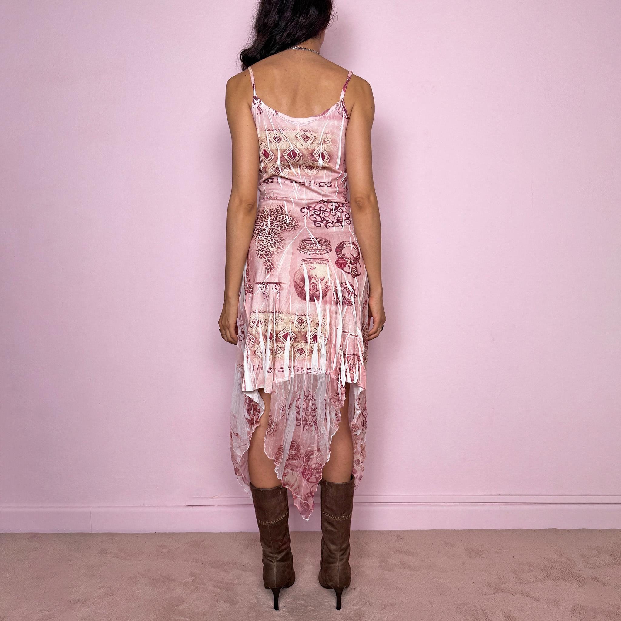 Vintage Y2K Pink Dress Asymmetric Midi Fairy Deconstructed Avant Garde 2000s Size S