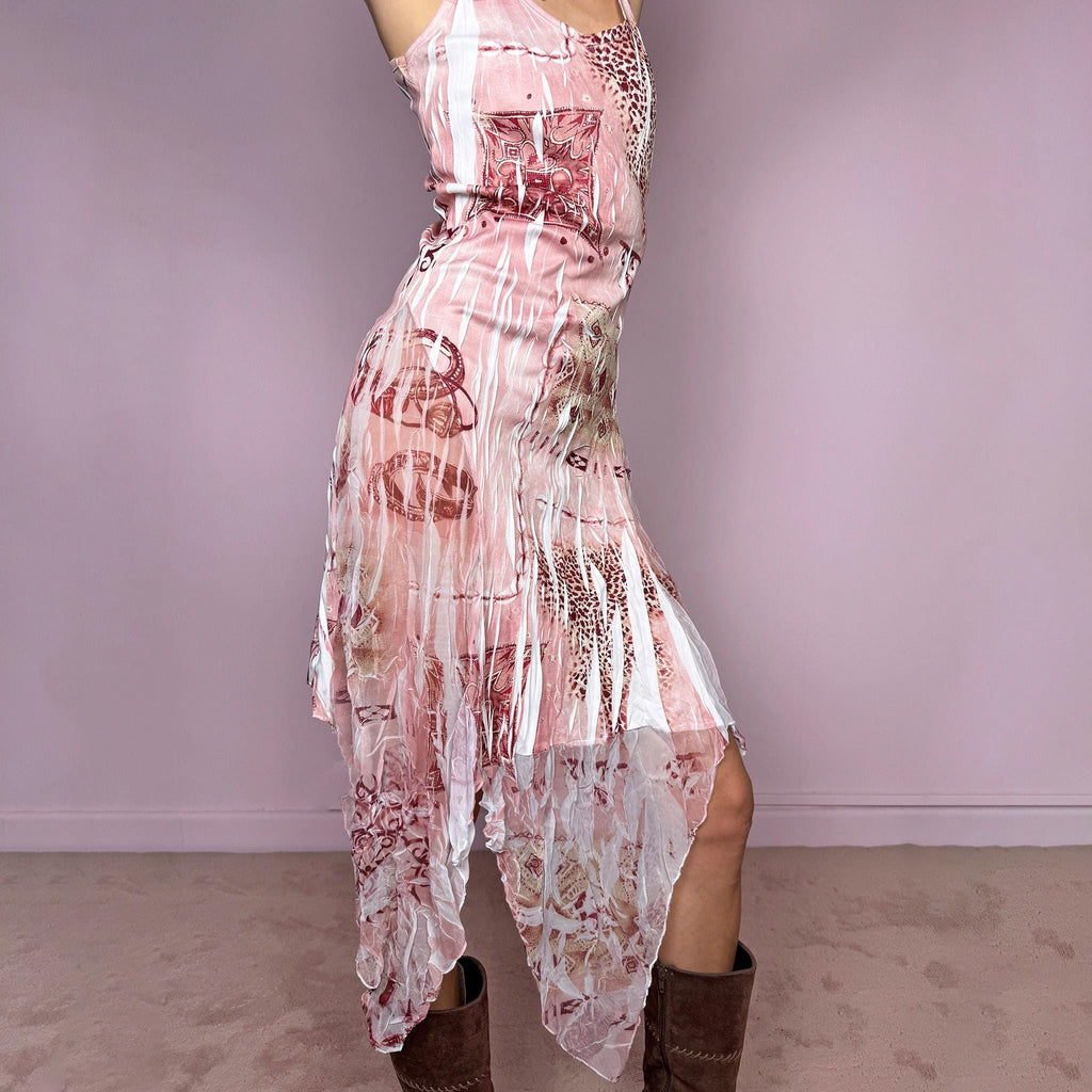 Vintage 2000s slip dress with thin straps, a fitted body-skimming silhouette, pink and burgundy abstract bohemian print over a white crinkle-textured base, semi-sheer lightweight fabric and a dramatic asymmetric handkerchief hem. Dreamy fairy grunge Y2K statement dress with a romantic summer feel. Made in France from a polyester-elastane blend. Excellent vintage condition.