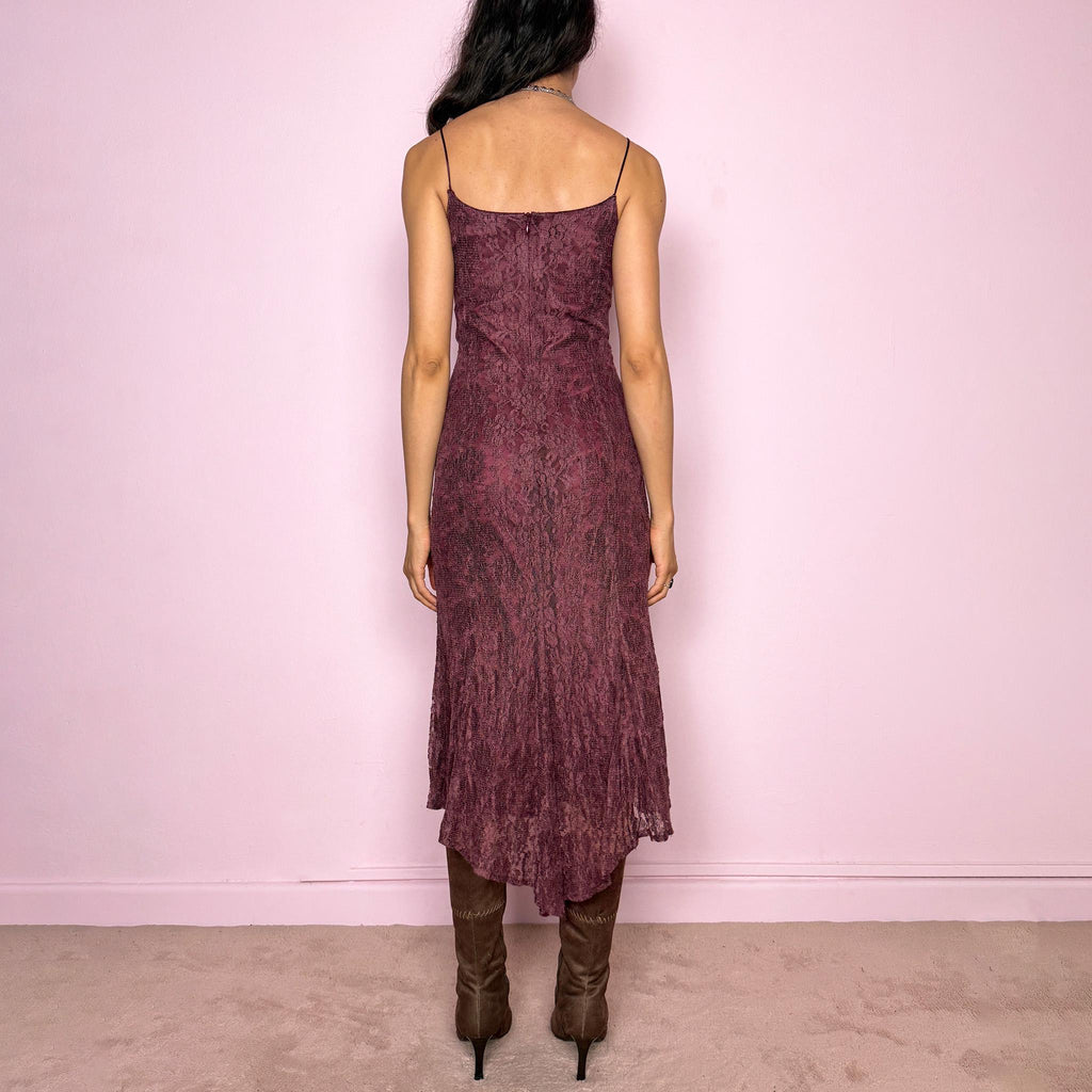Vintage Y2K Midi Dress Burgundy Purple Lace Slip Formal Party 2000s Size M