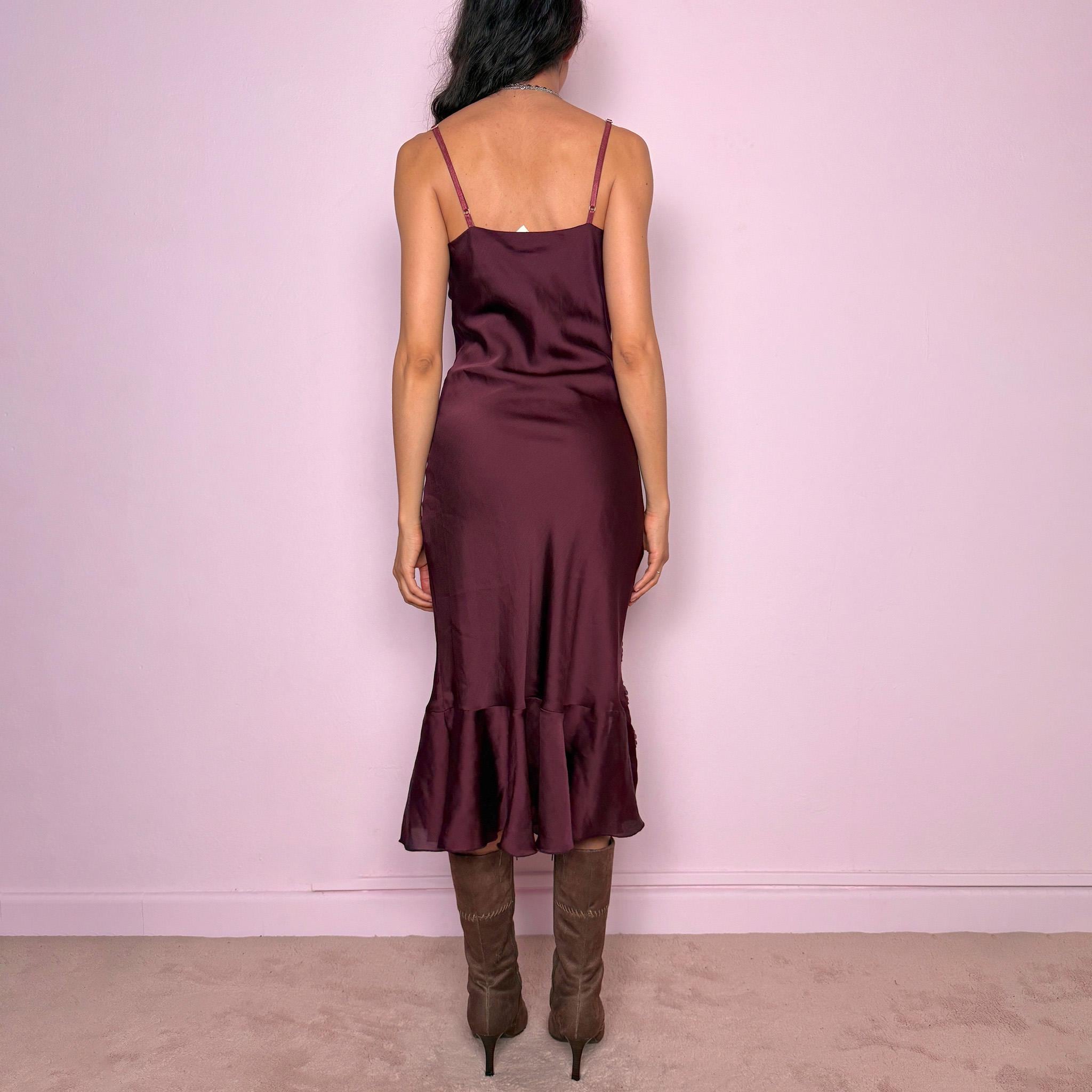 Vintage Y2K Midi Dress Burgundy Purple Satin Slip Fairy Party 2000s Size XS