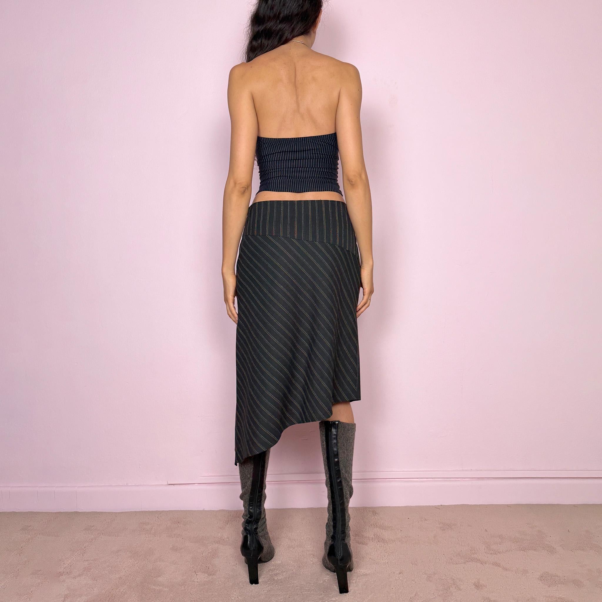 Vintage Y2K Gray Skirt Midi Pinstripe Asymmetric Avant Garde 2000s Size S