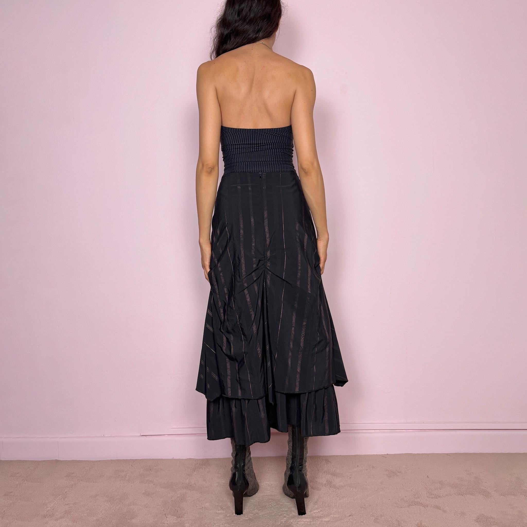 Vintage Y2K Black Skirt Midi Pinstripe Avant Garde Deconstructed Goth 2000s Size S