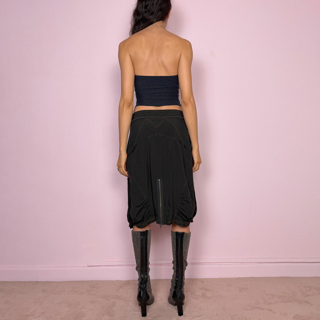 Vintage Y2K Black Skirt Midi Techwear Bubble Hem Avant Garde 2000s Size L