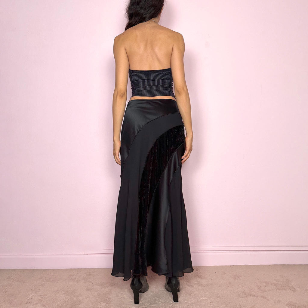 Vintage Y2K Black Skirt Midi Velvet Satin Avant Garde Formal Party 2000s Size S