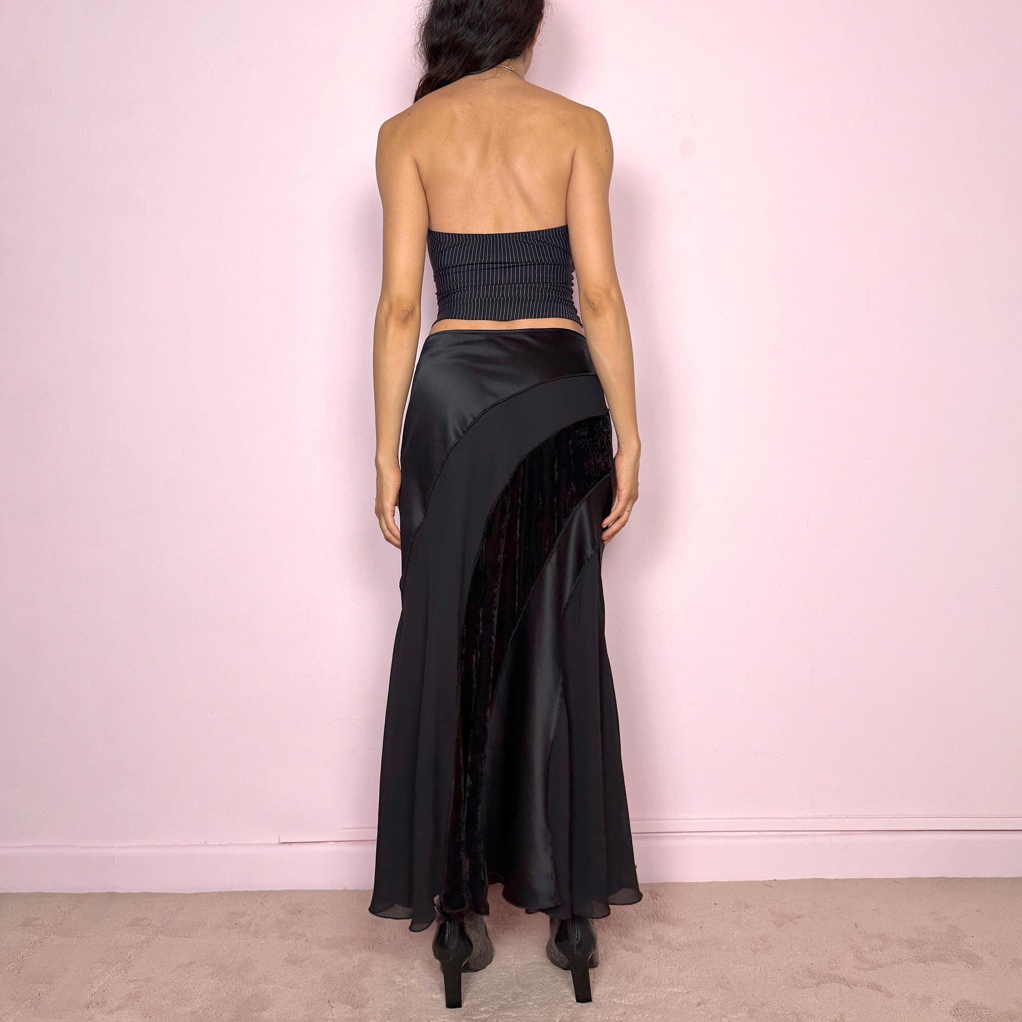 Vintage Y2K Black Skirt Midi Velvet Satin Avant Garde Formal Party 2000s Size S