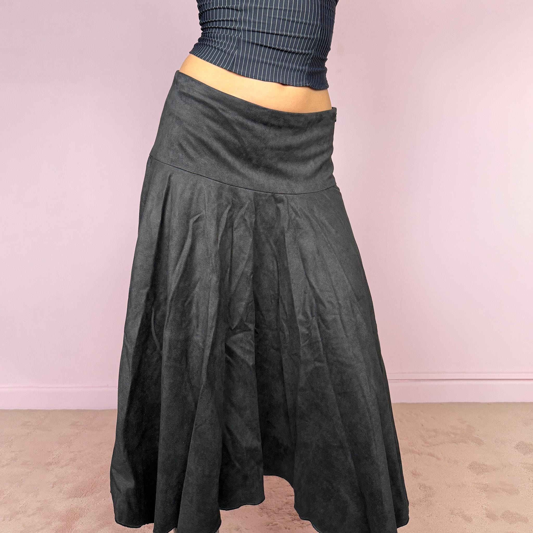 Vintage Y2K Black Skirt Midi Asymmetric Faux Suede Avant Garde 2000s Size S