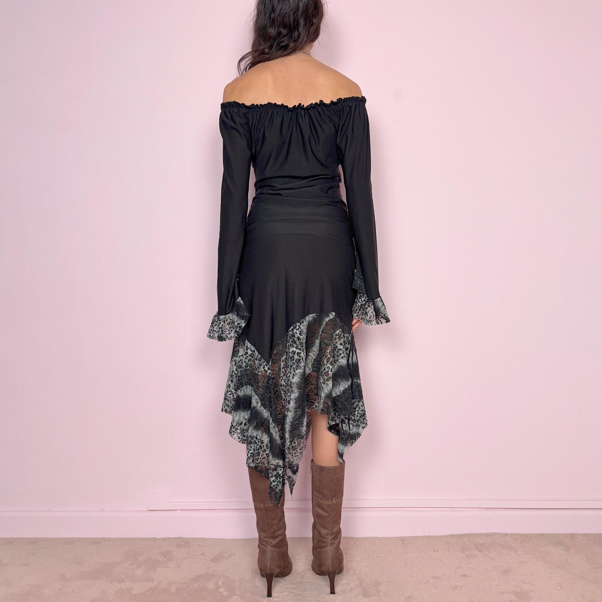 Vintage Y2K Black Set Skirt Bell Sleeve Leopard Off Shoulder Fairy 2000s Size S