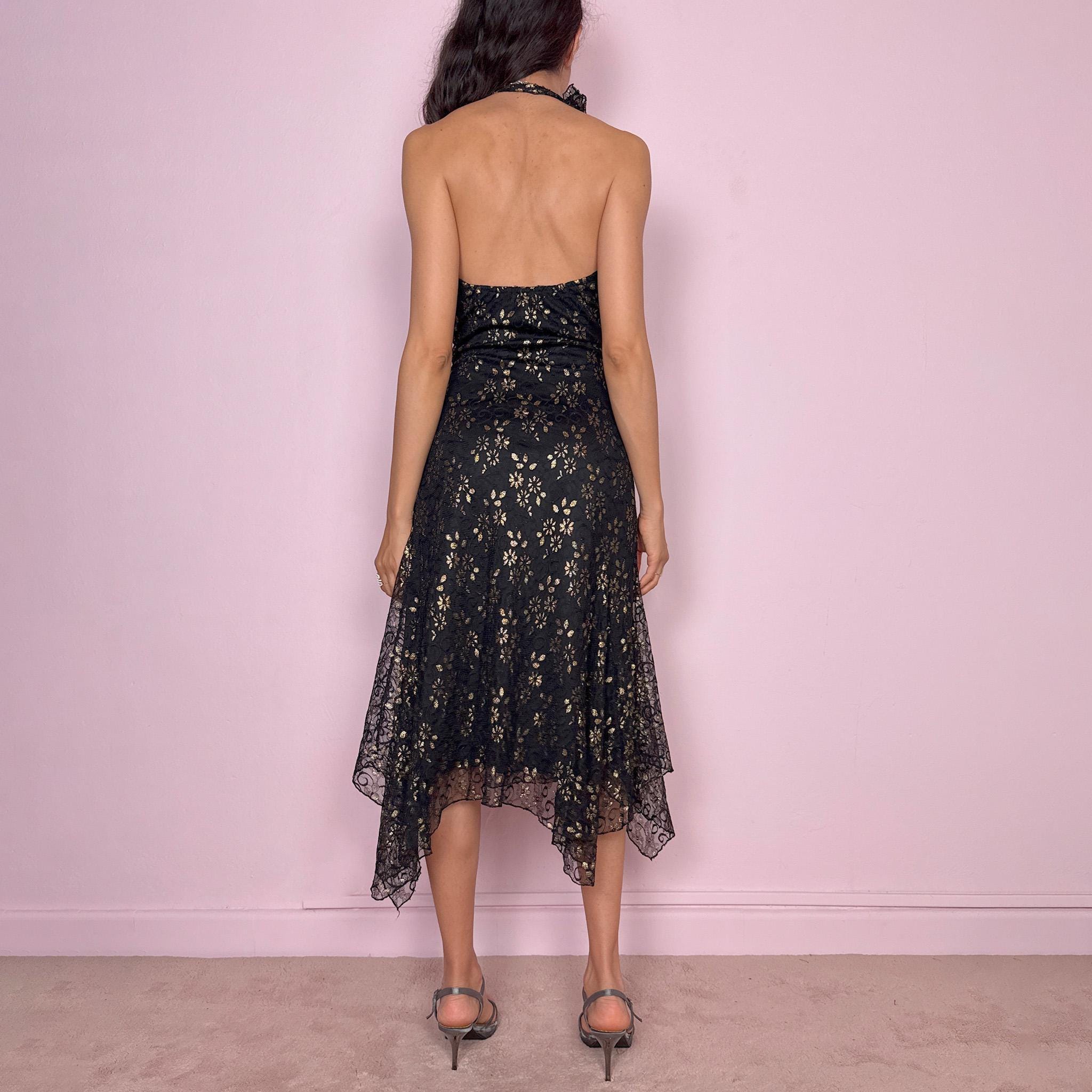 Vintage Y2K Halter Dress Black Lace Asymmetric Midi Party Formal 2000s Size XS