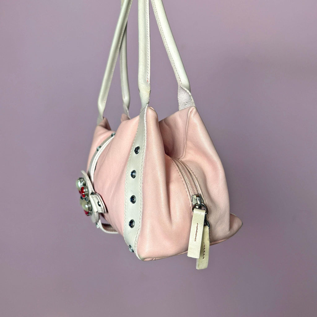 Vintage Y2K Pink Shoulder Bag Leather Rhinestone Coquette Pastel 2000s