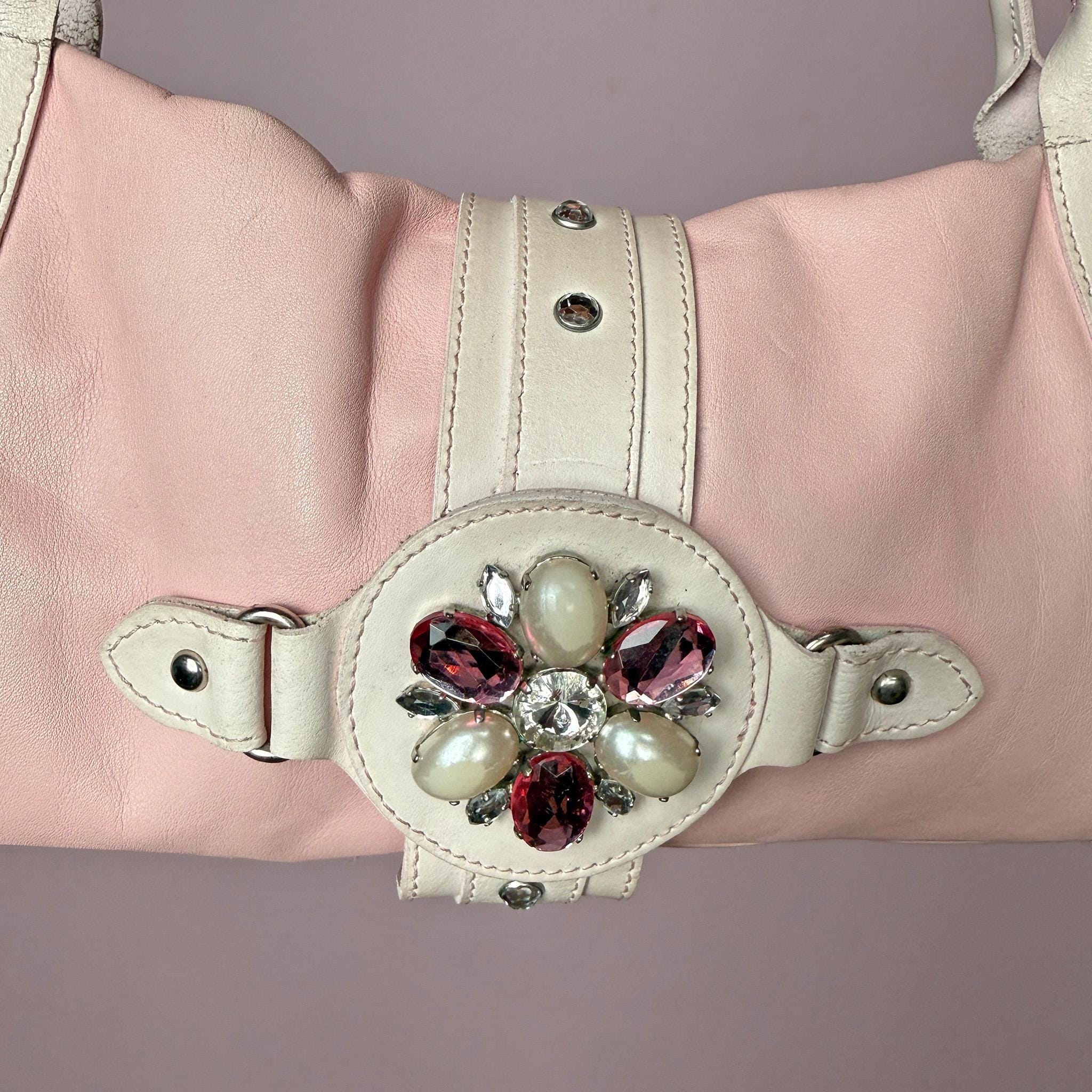 Vintage Y2K Pink Shoulder Bag Leather Rhinestone Coquette Pastel 2000s