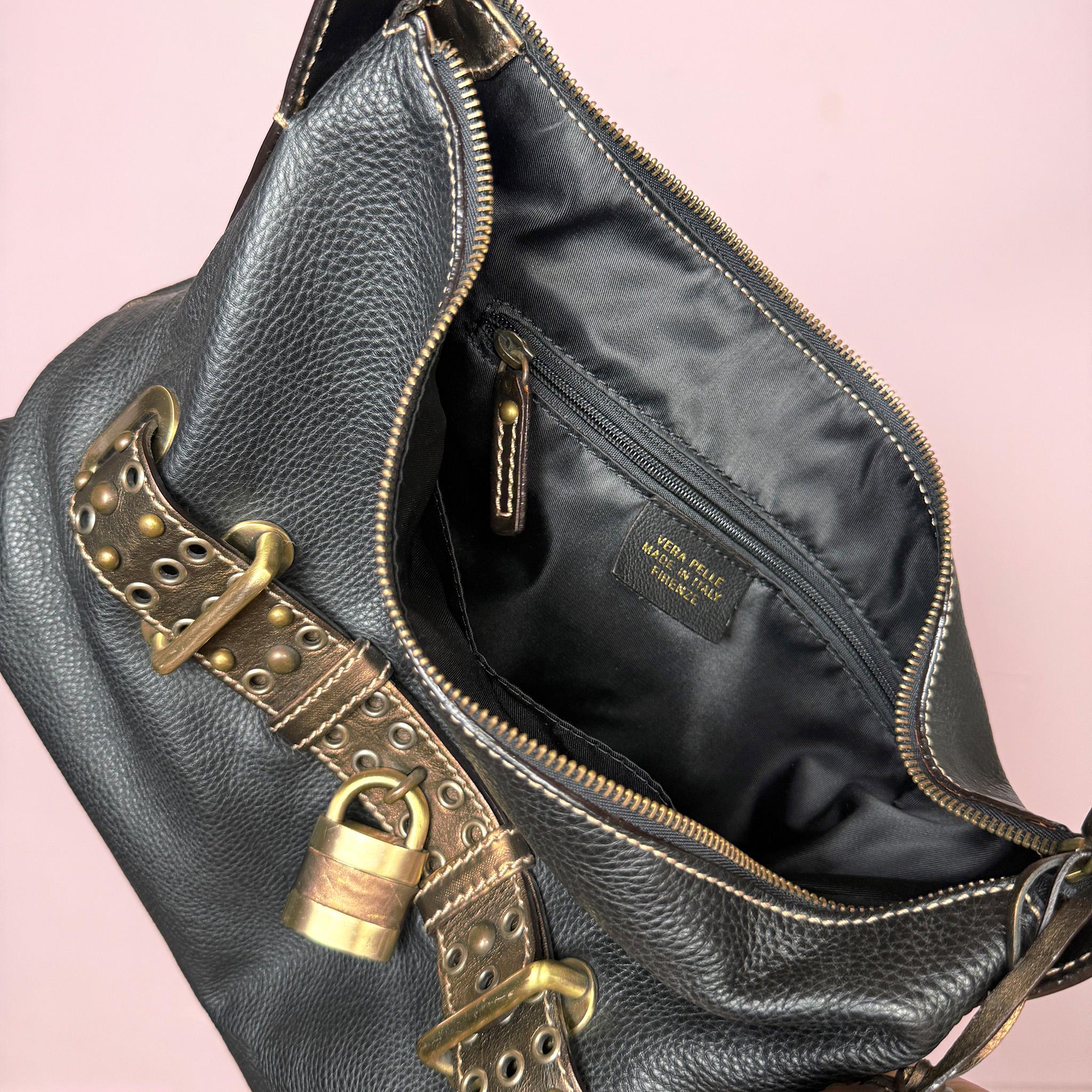 Vintage Y2K Black Shoulder Bag Leather Padlock Heart Charm Grunge 2000s
