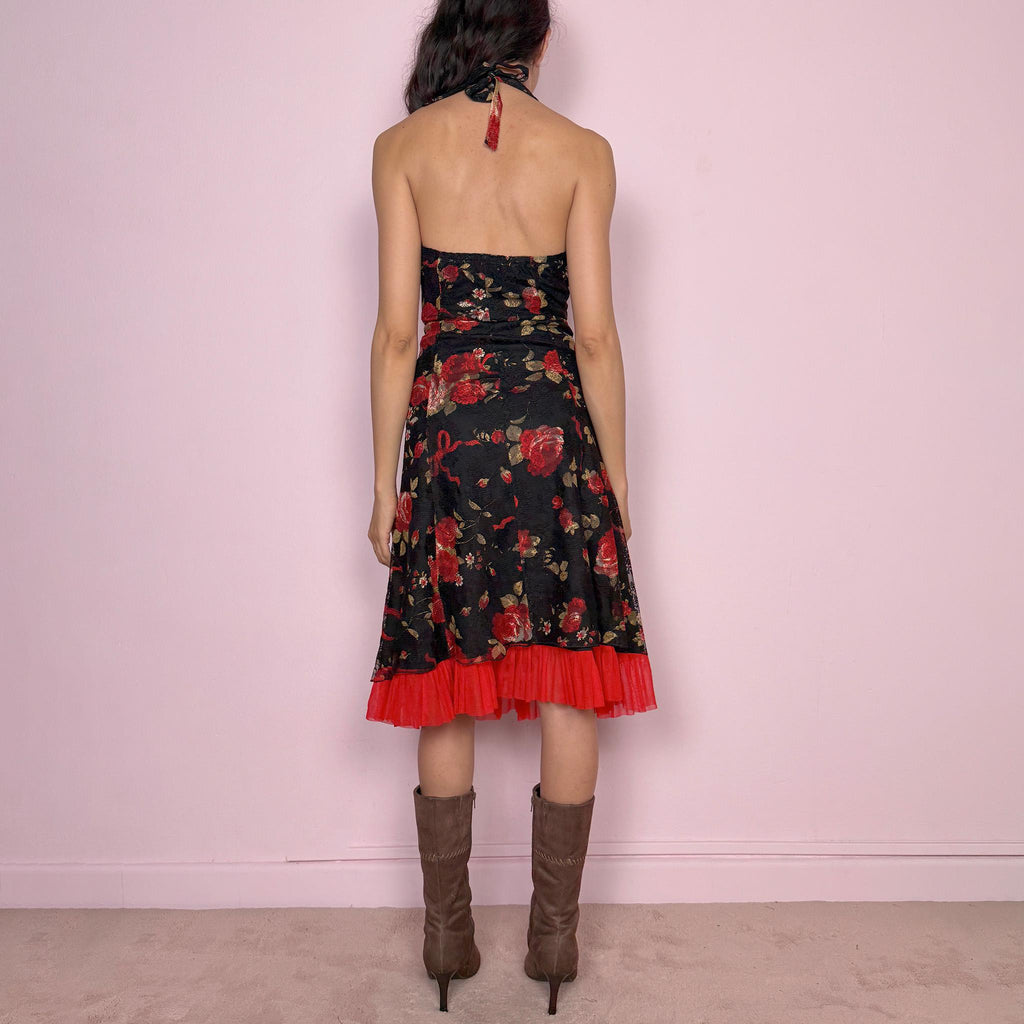 Vintage Y2K Halter Dress Black Rose Lace Mesh Backless Midi Party 2000s Size XS