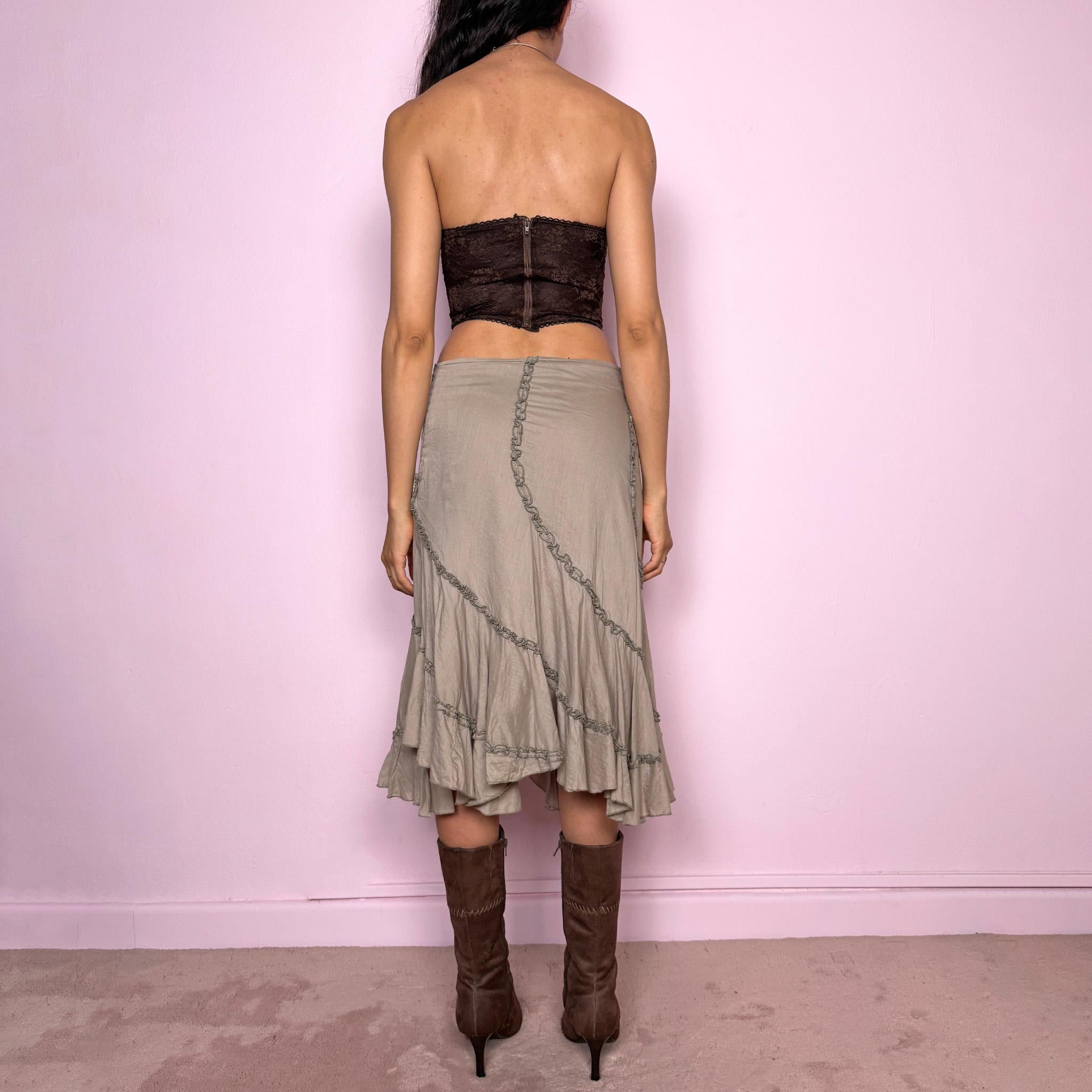Vintage Y2K Midi Skirt Asymmetric Khaki Cotton Ruffle Boho Fairy Summer 2000s Size S