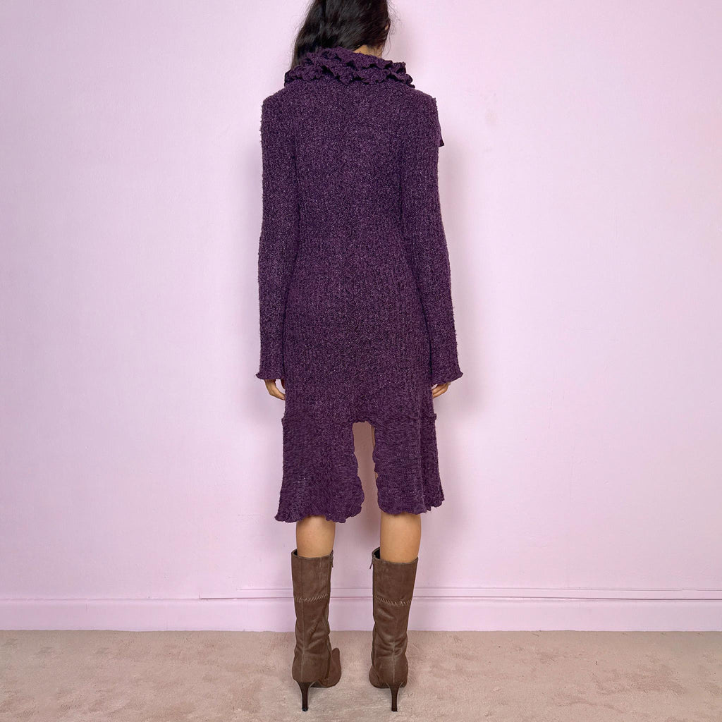 Vintage Y2K Purple Cardigan Ruffle Longline Bell Sleeve Asymmetric 2000s Size M