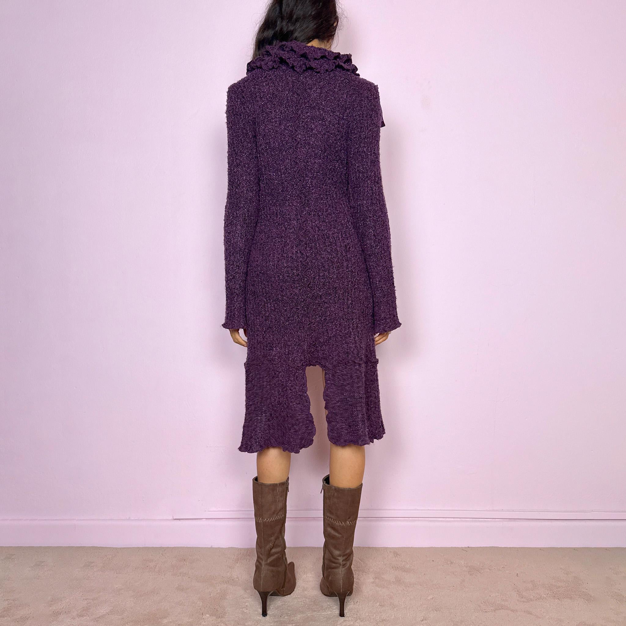 Vintage Y2K Purple Cardigan Ruffle Longline Bell Sleeve Asymmetric 2000s Size M