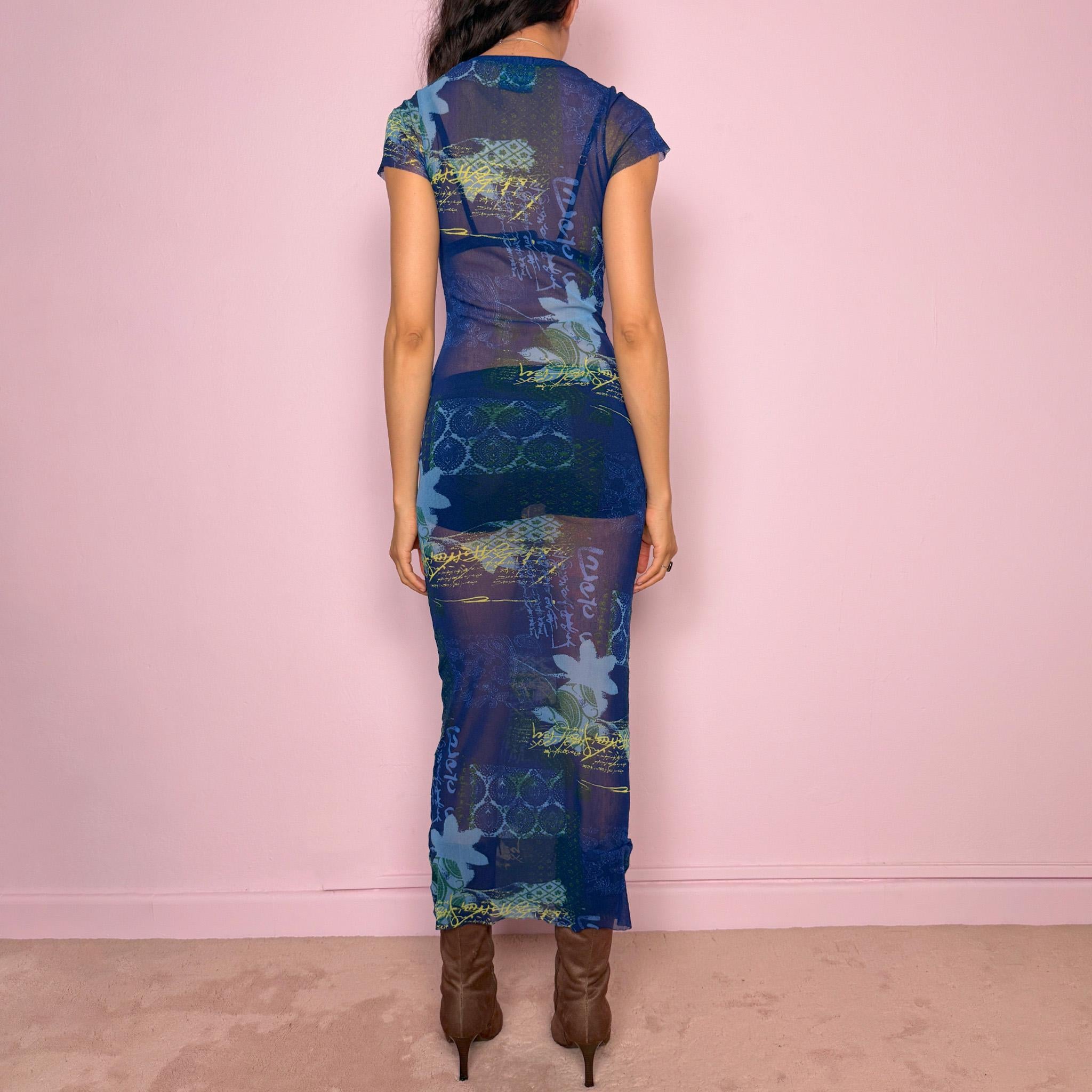 Vintage Y2K Mesh Dress Kenzo Jeans Sheer Blue Maxi Maximalist 2000s Size S